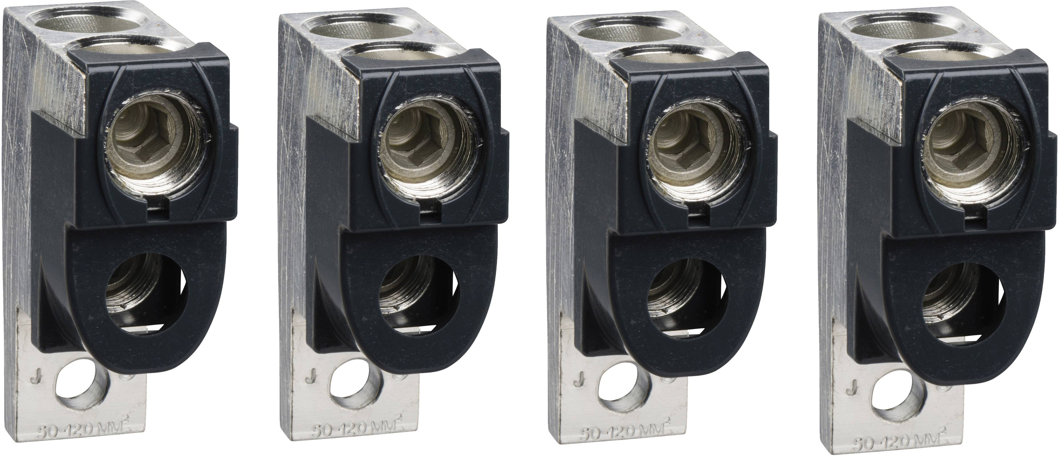 Vier schwarze elektrische Anschlussklemmen aus Metall und Kunststoff, nebeneinander angeordnet, mit sichtbaren Schraubverbindungen.