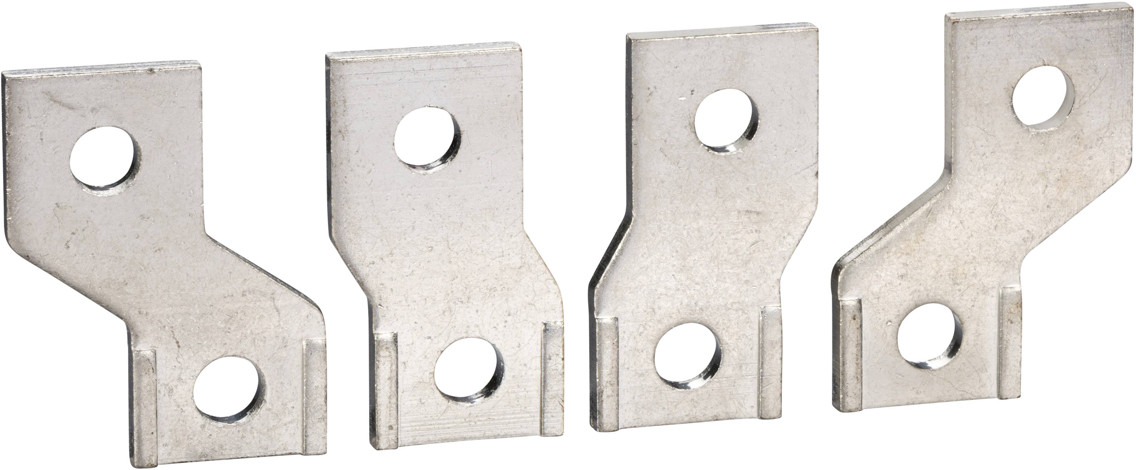 Vier flache Metallwinkel mit jeweils zwei Löchern, identisch geformt und nebeneinander angeordnet.