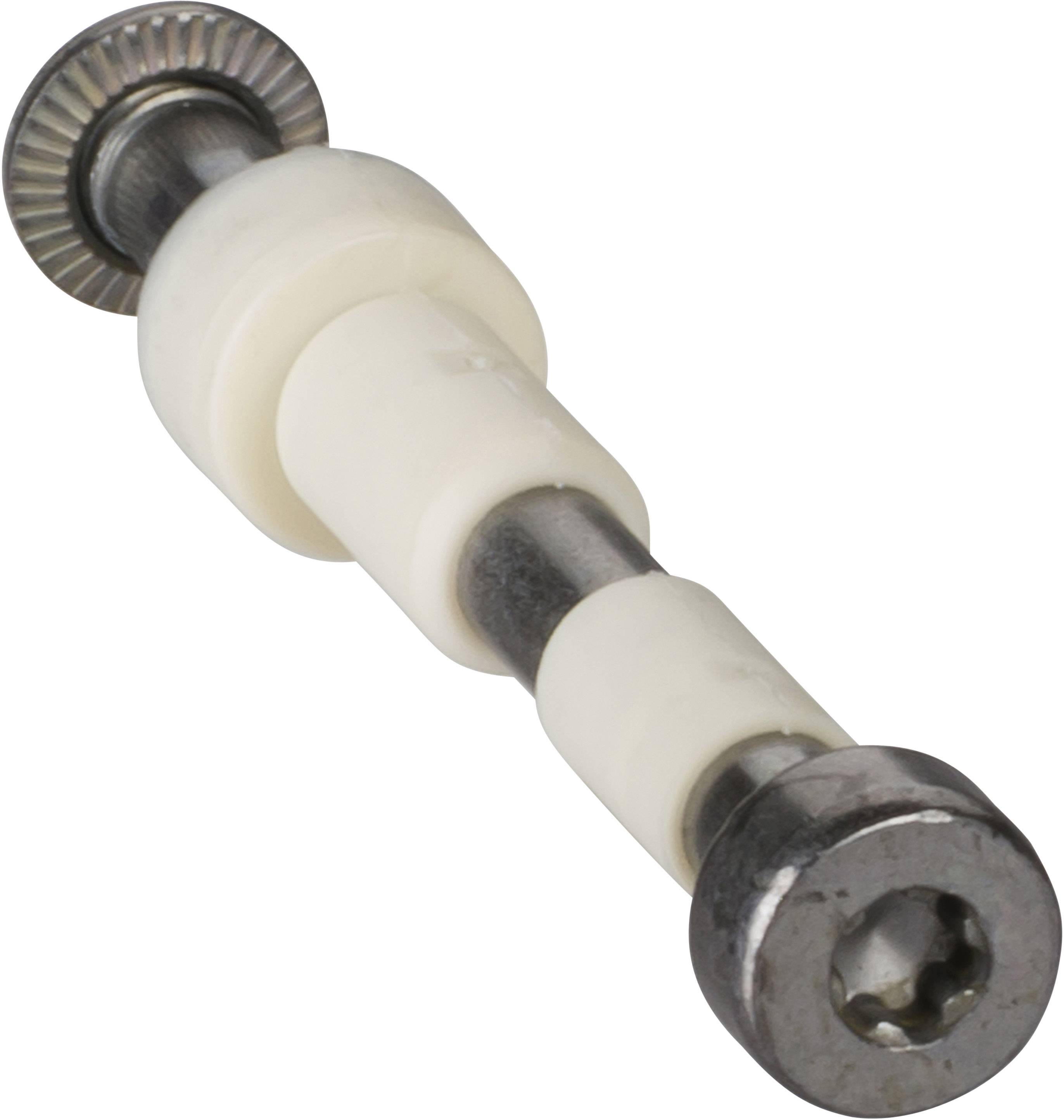 Metallstift mit Kunststoffelementen und Zahnräder an den Enden, möglicherweise Teil eines mechanischen Geräts oder einer Maschine.