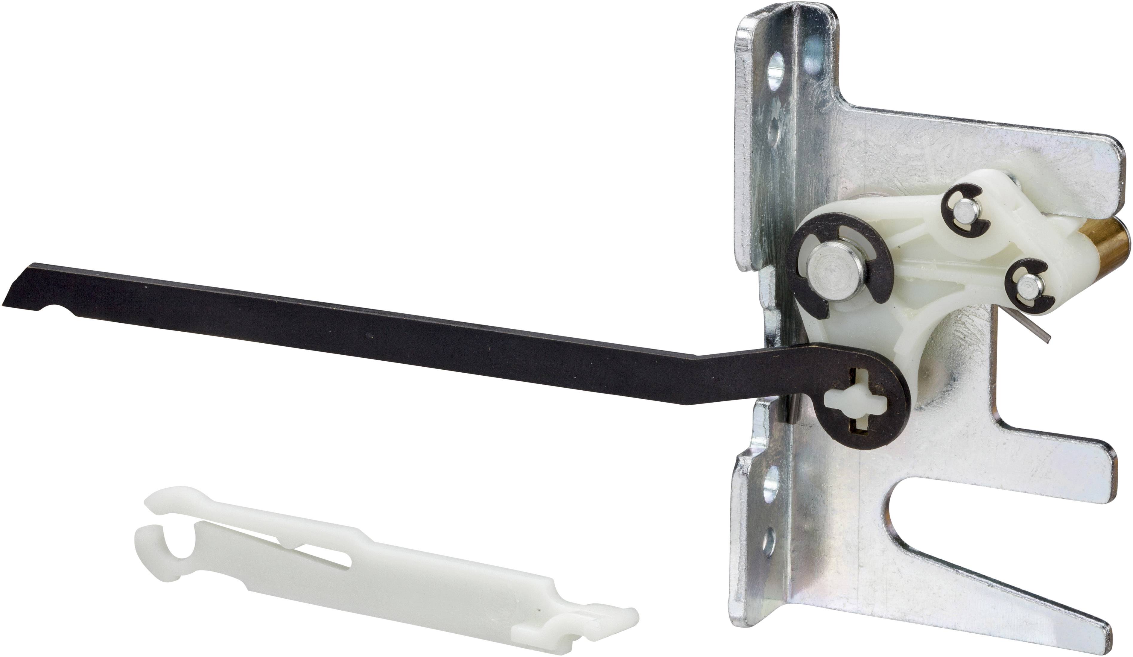 Metallische Türscharniersbefestigung mit schwarzem Hebel und weißem Haken daneben; wird zur stabilen Befestigung einer Tür verwendet.