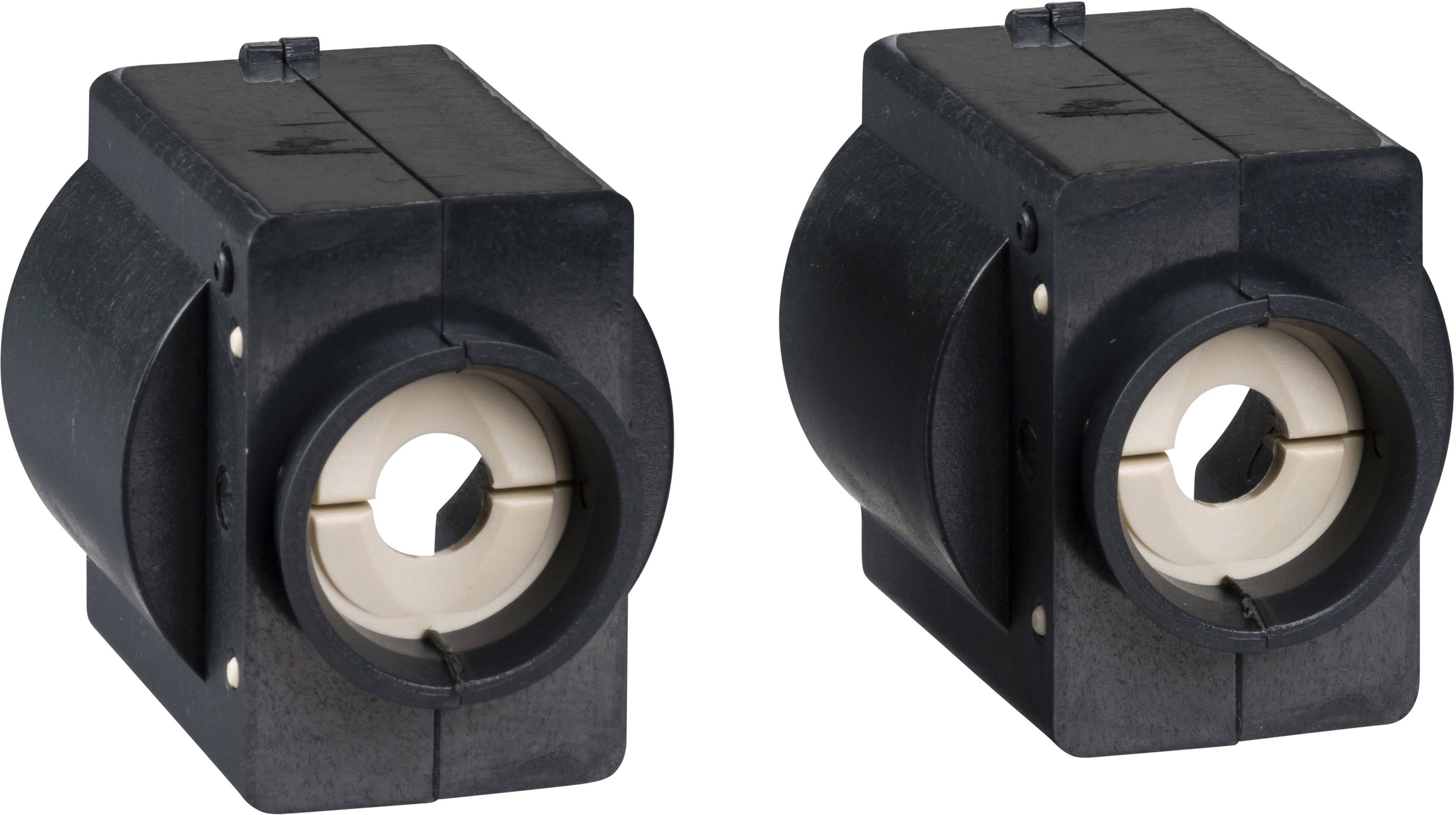 Zwei identische, schwarze Kunststoffteile mit zylindrischer Öffnung in der Mitte, nebeneinander auf hellem Hintergrund.