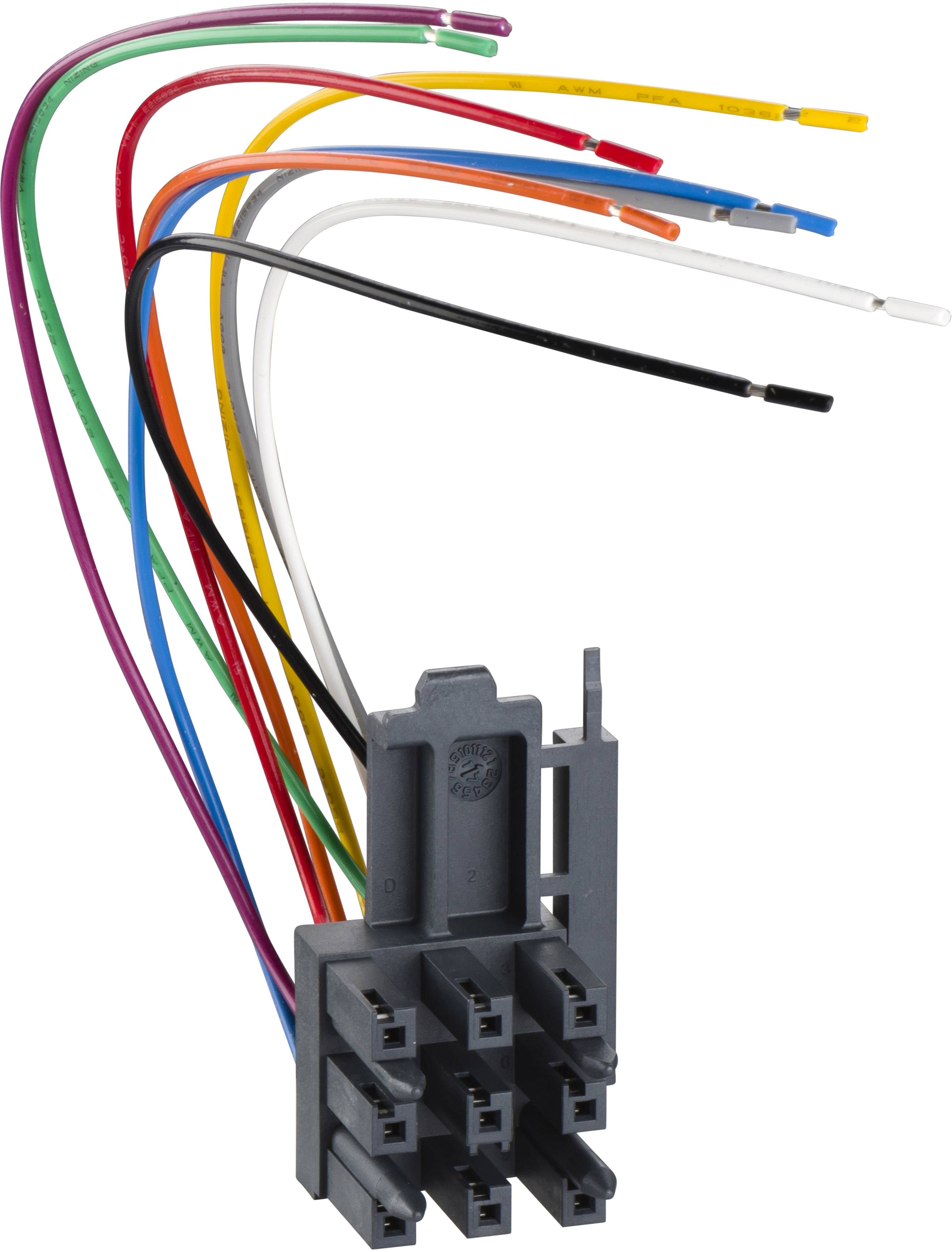 Grauer elektrischer Stecker mit zehn farbigen Kabeln. Kabel sind rot, grün, blau, gelb, orange, weiß, schwarz und violett.