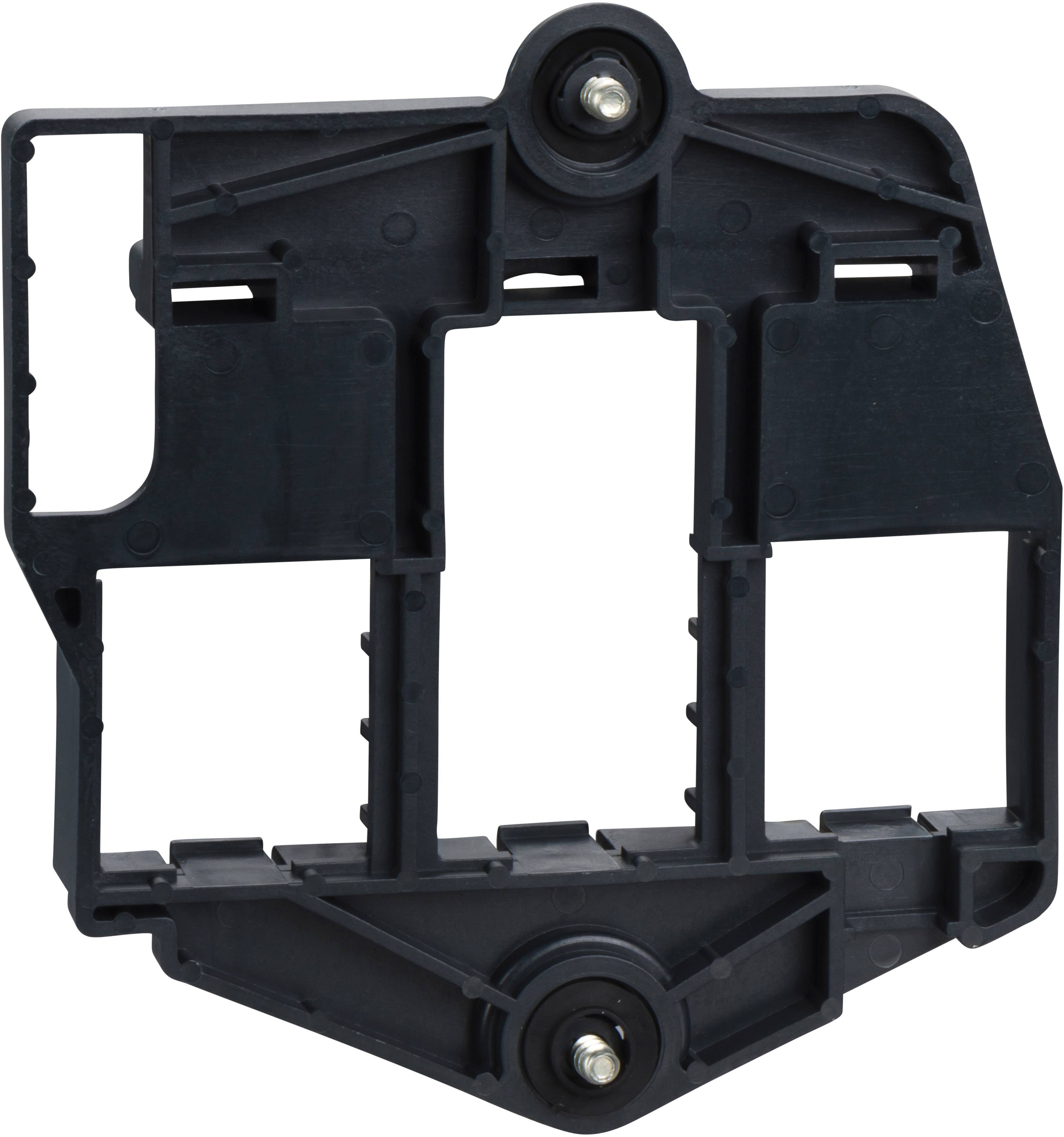 Schwarzer, rechteckiger Kunststoffhalter mit Aussparungen und Schraublöchern, wahrscheinlich zur Befestigung von elektronischen Geräten.