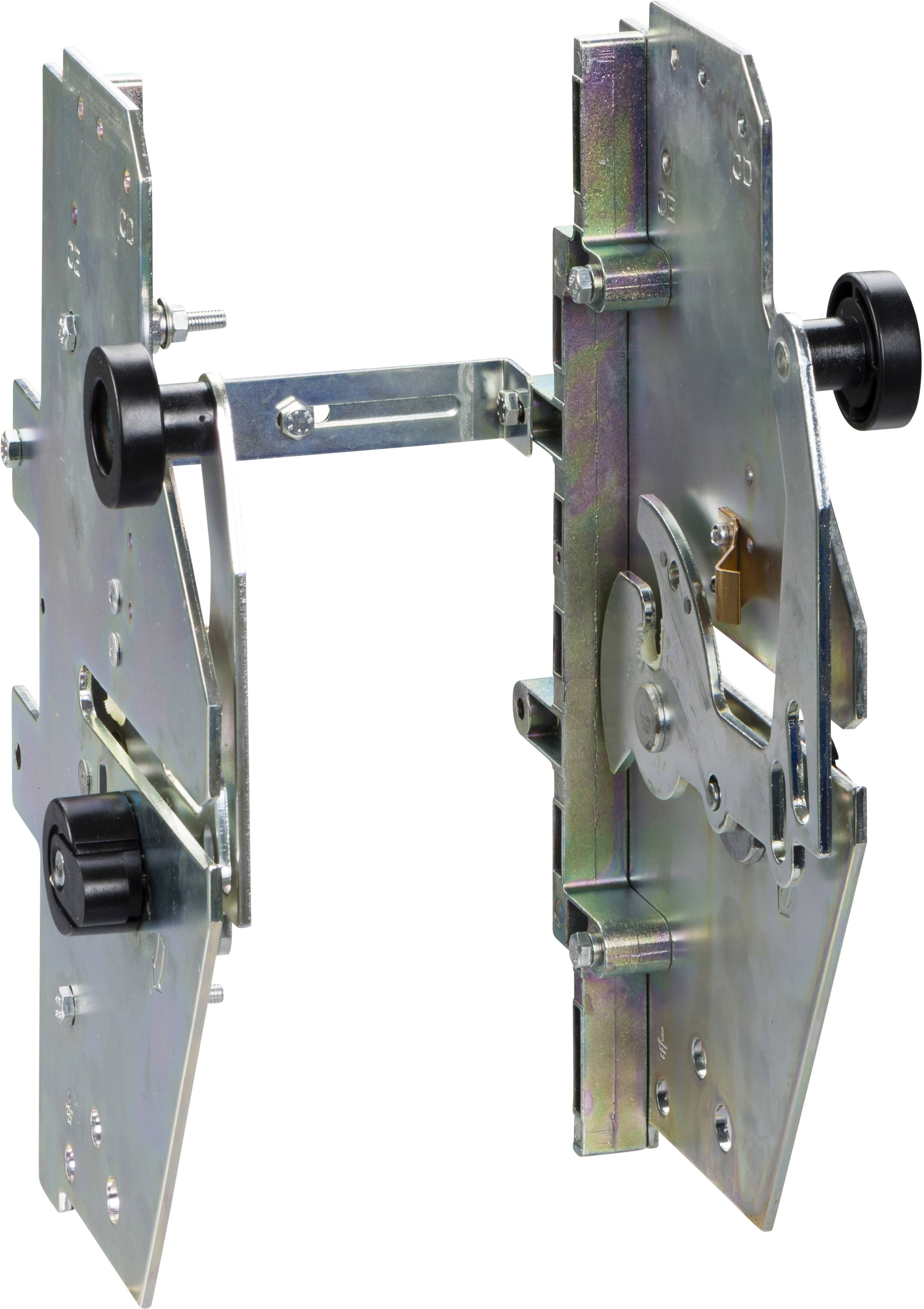 Zwei Metallbeschläge mit schwarzer Knopfschraube und Verbindungsstück in der Mitte, Teil eines Schrank- oder Türmechanismus.