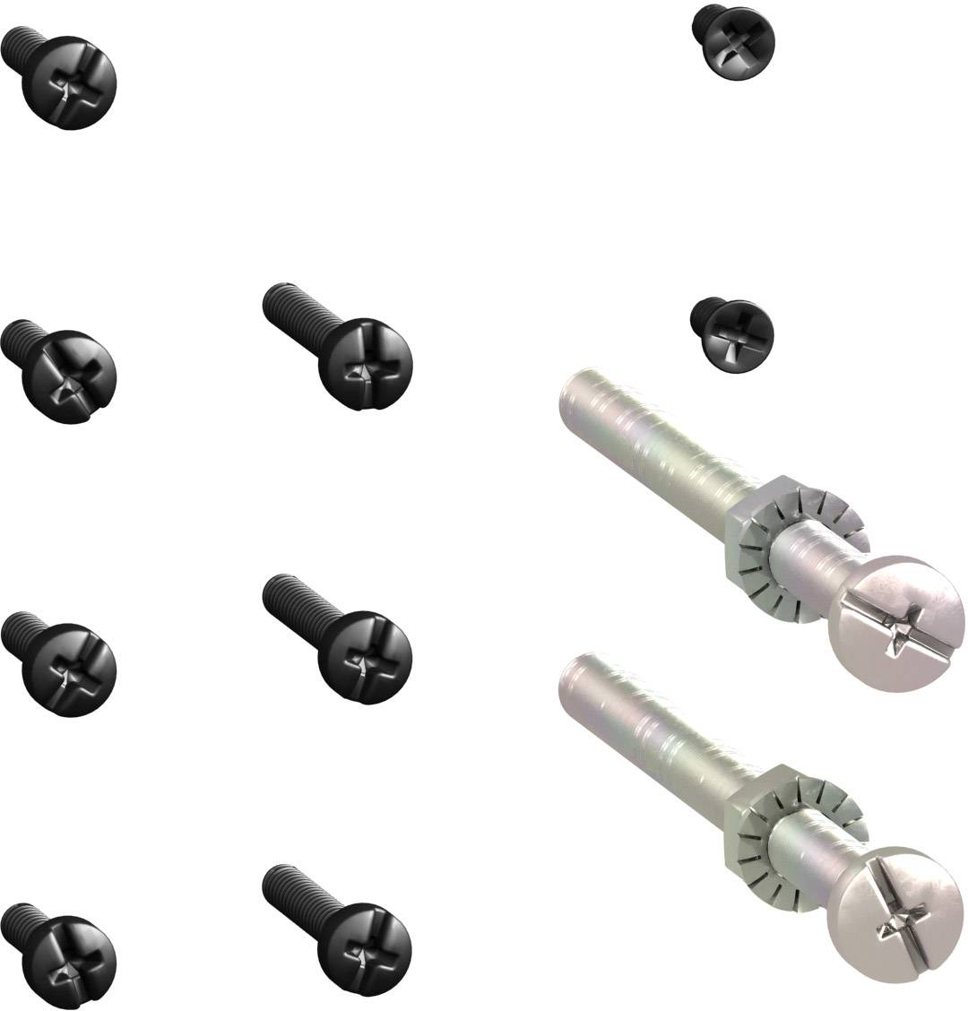 Eine Vielzahl von schwarzen Kreuzschlitzschrauben umgibt zwei größere, silberne Schrauben mit Unterlegscheiben.