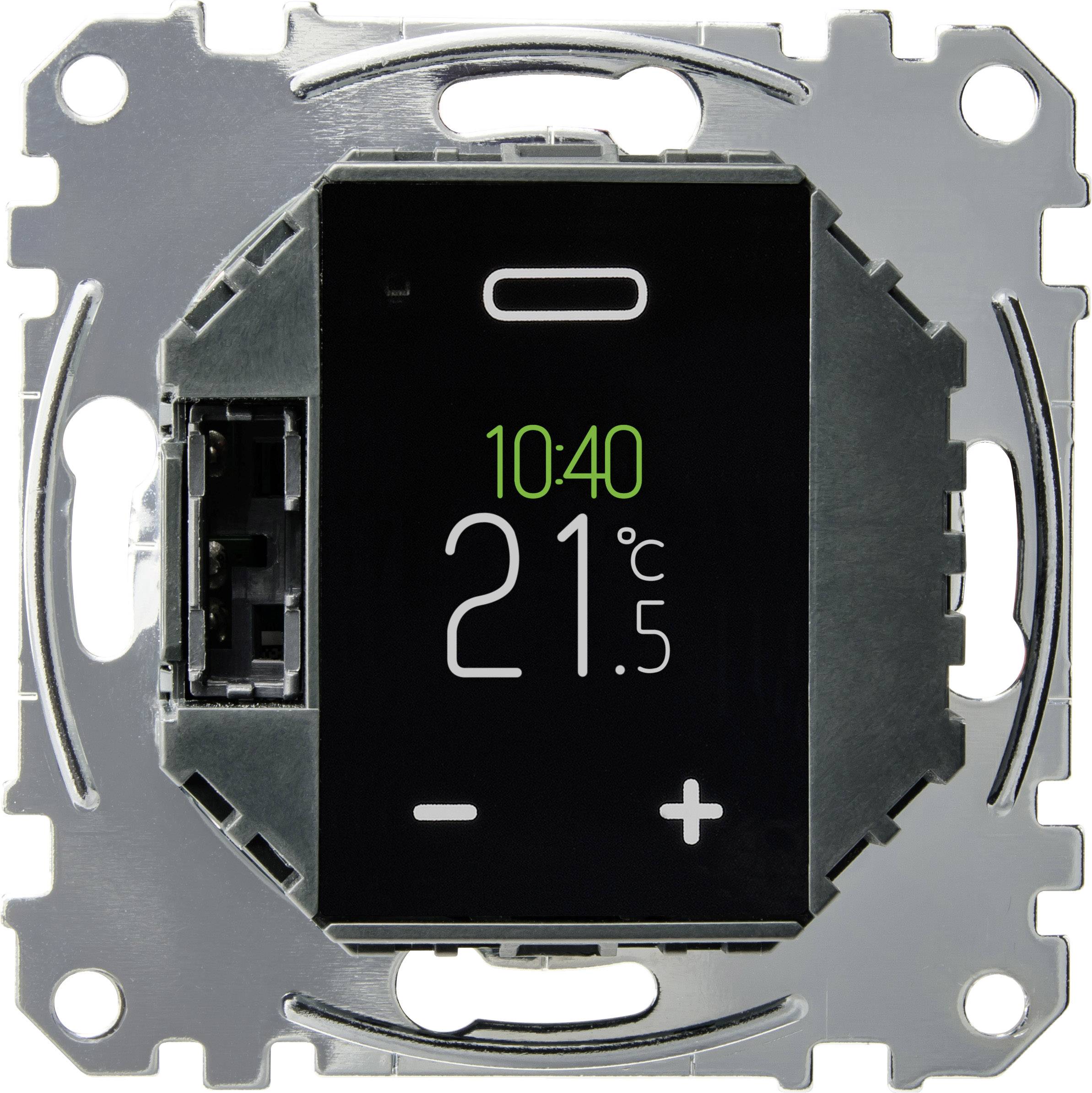 Ein digitales Thermostat zeigt die Uhrzeit 10:40 und eine Temperatur von 21 Grad Celsius an, mit Plus- und Minus-Steuerungen.