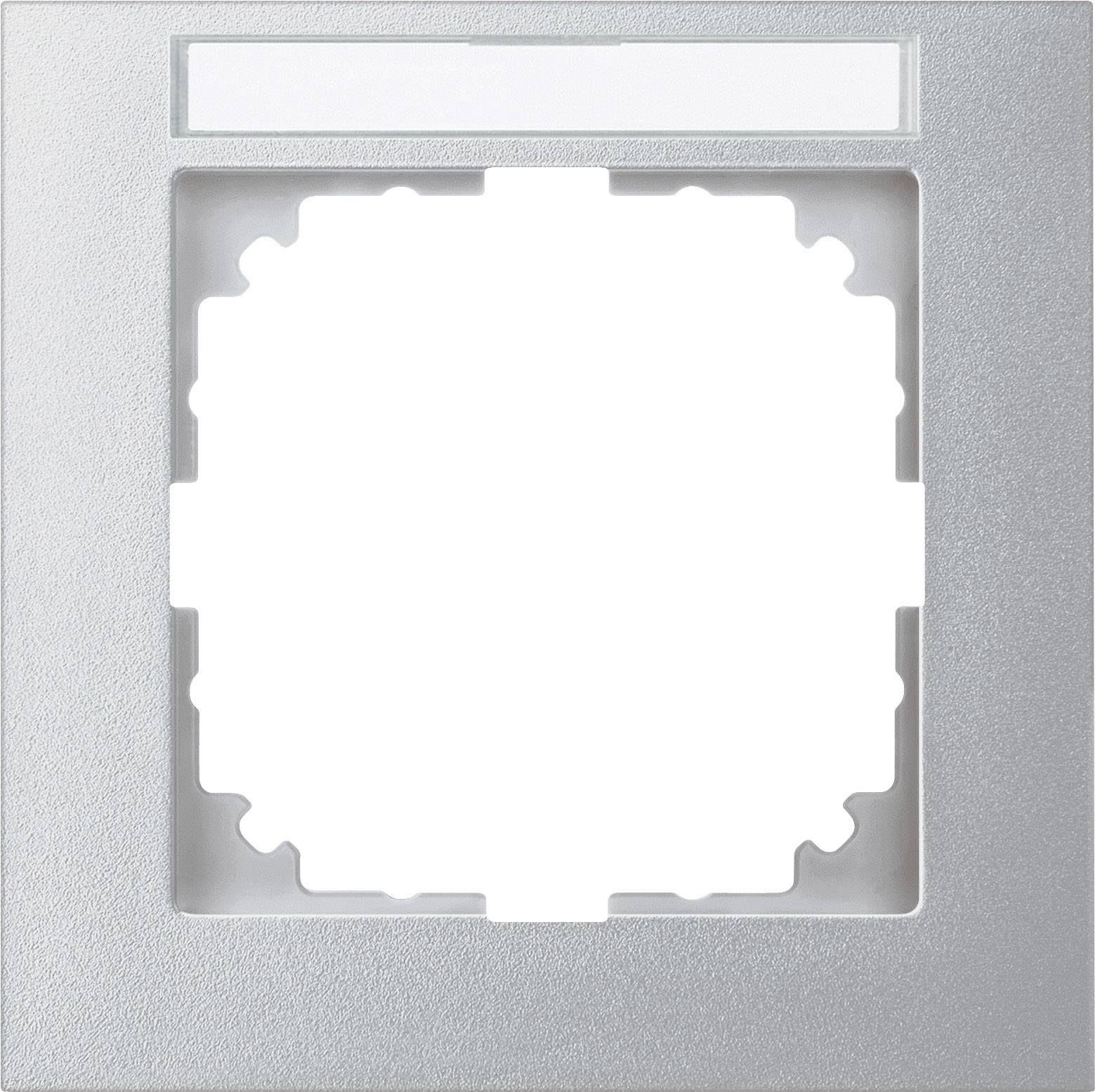 Leerer quadratischer silberner Rahmen, möglicherweise für einen Lichtschalter oder eine Steckdose, vor neutralem Hintergrund.