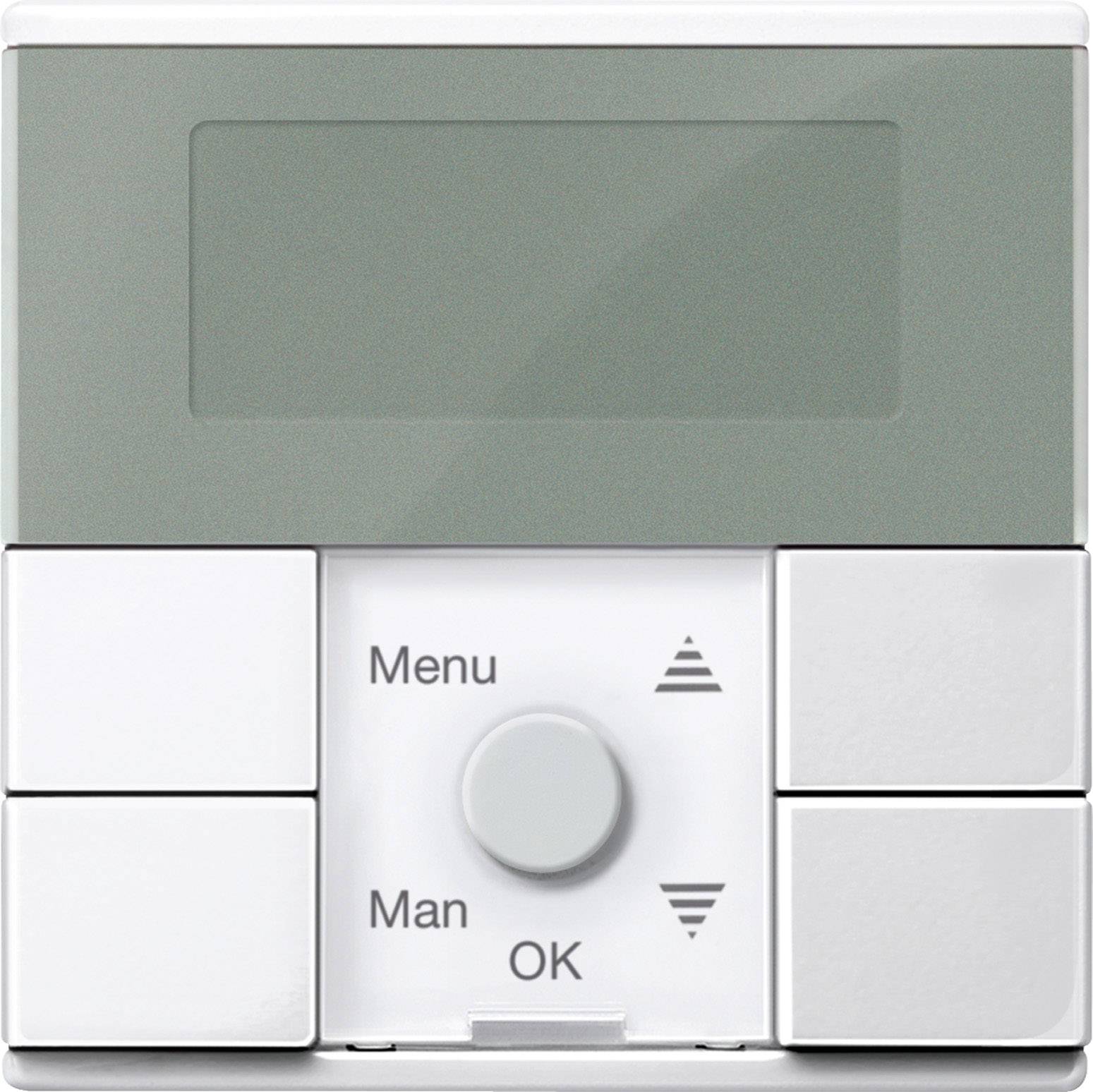 Thermostat mit Display und Bedienelementen: Oben ein leeres Display, darunter Tasten mit Aufschriften 'Menu', 'Man', 'OK' und Pfeilsymbolen.