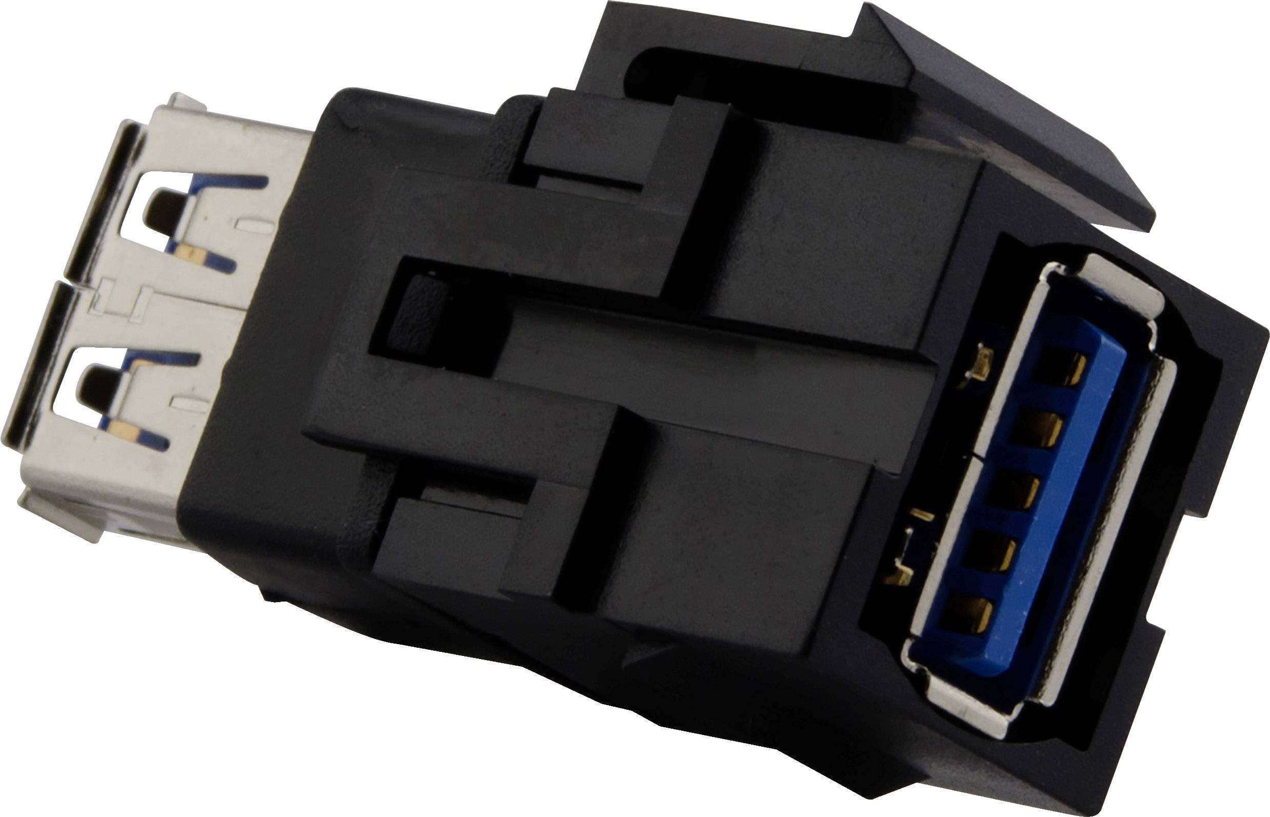 Schwarzer USB 3.0-A zu USB 3.0-B Adapter, mit blauem Anschluss innerhalb des USB-B Steckers, zum Verbinden von USB-Geräten.
