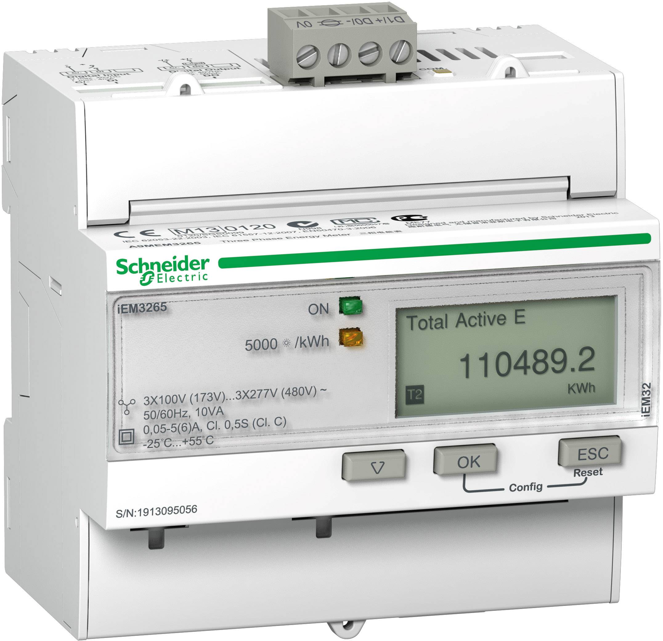 Elektrischer Zähler der Marke mit einem Bildschirm, der den Wert '110489.2 kWh' anzeigt, sowie verschiedene Bedienelemente und Anschlüsse.