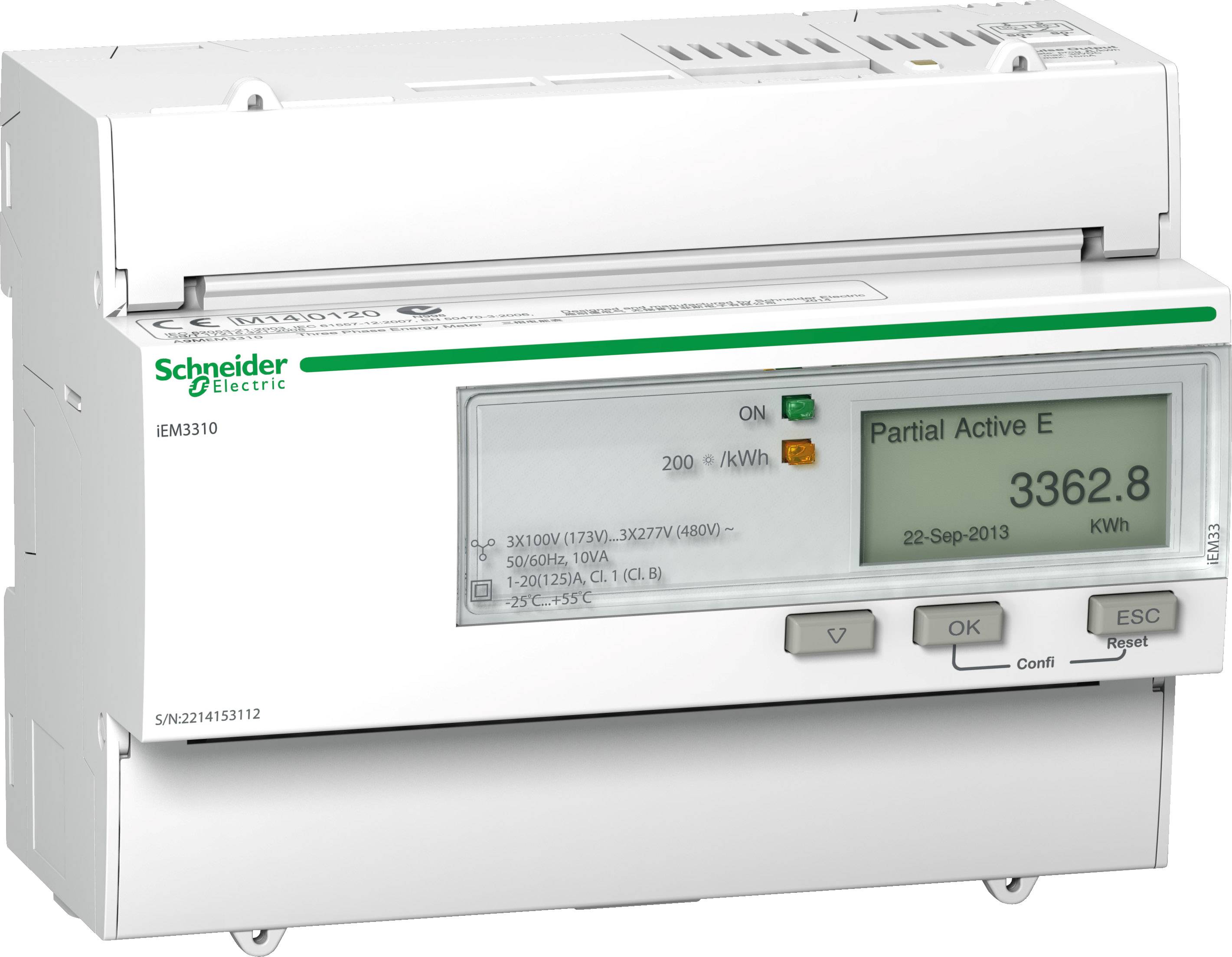 Ein digitaler Stromzähler der Marke Schneider Electric zeigt einen Verbrauch von 3362,8 kWh an. Display mit Tasten und Statusleuchten.