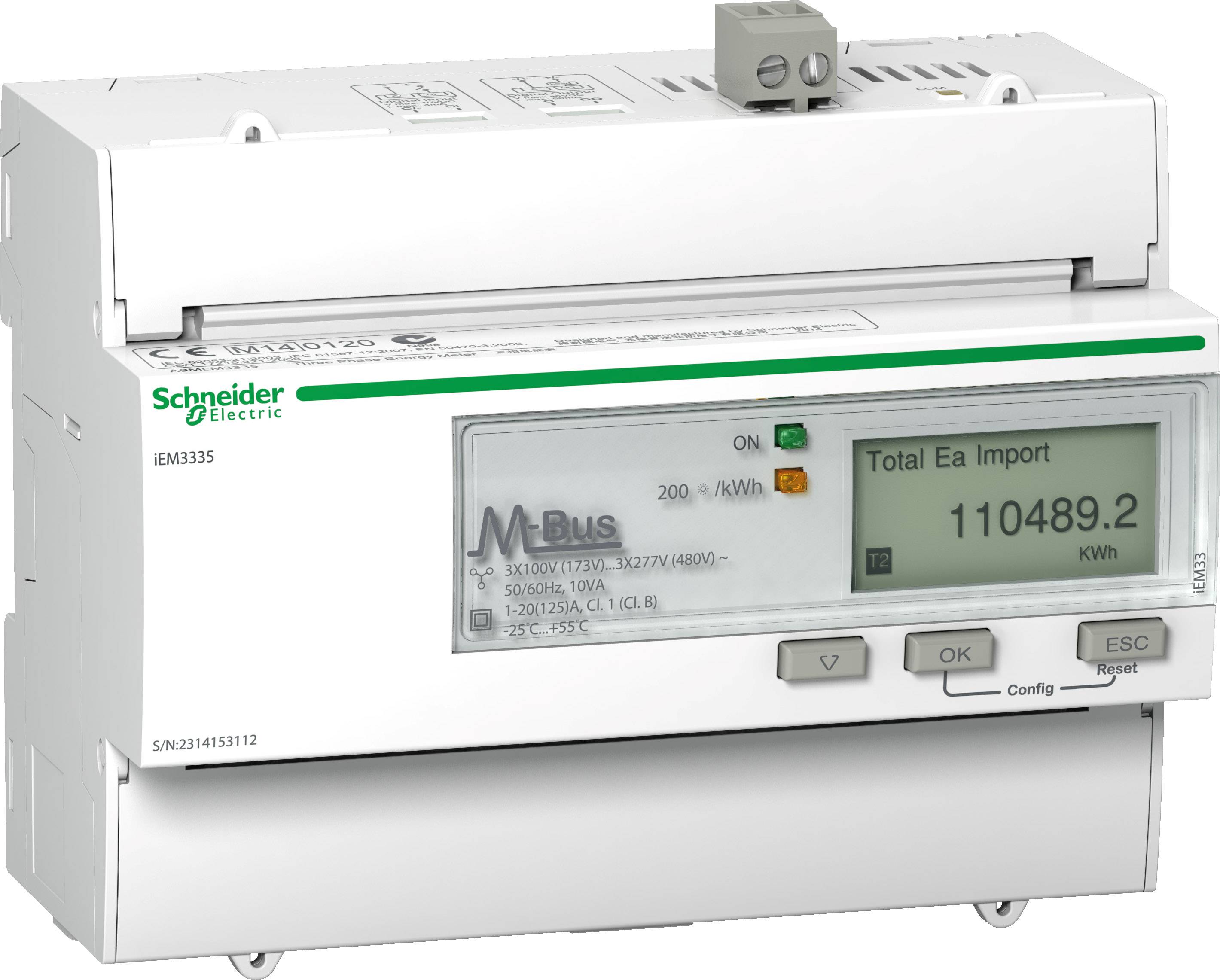 Elektrizitätszähler von Schneider Electric zeigt 'Total Ea Import 110489.2 kWh' auf dem Display.