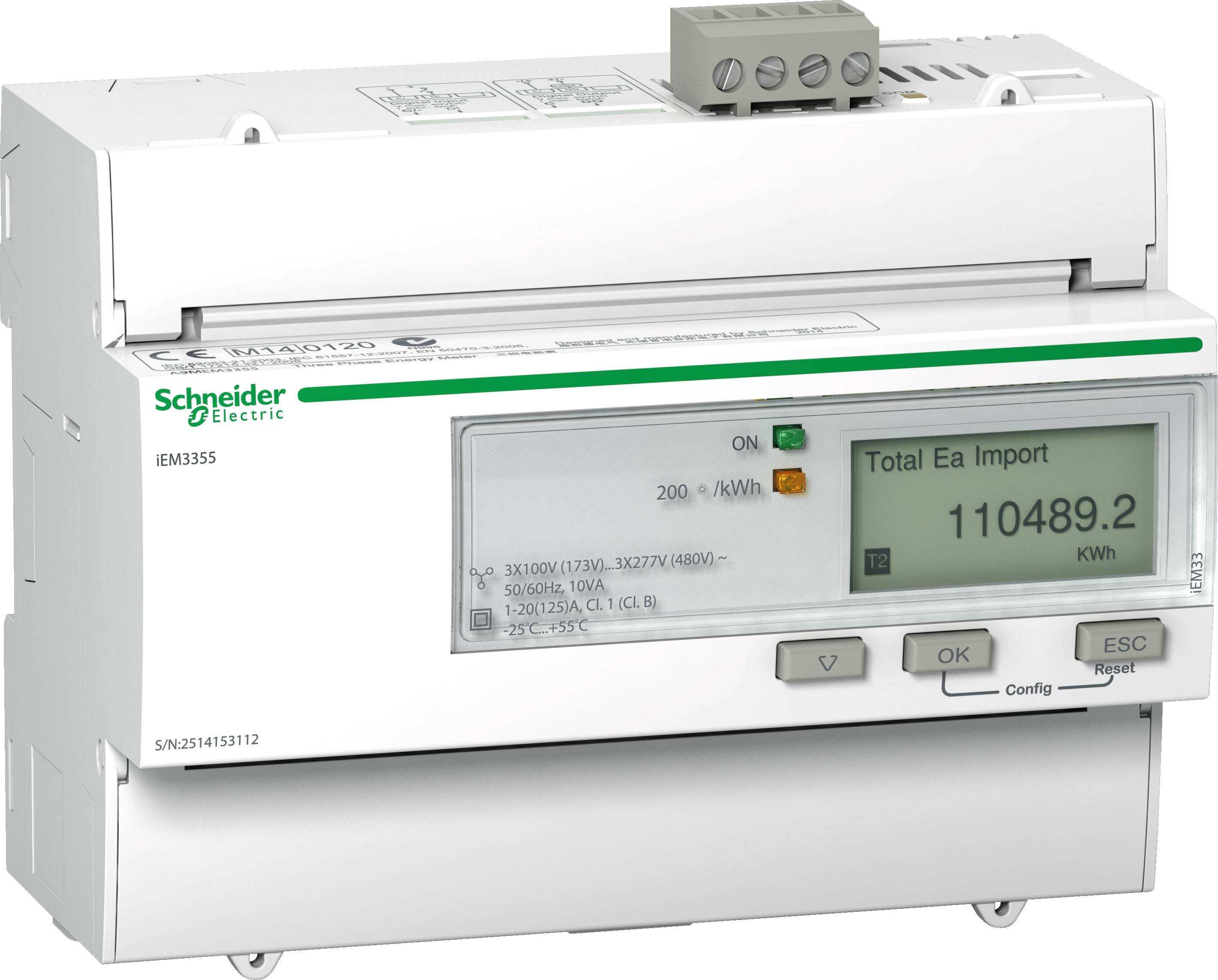 Ein Stromzähler von Schneider Electric mit Anzeige von 'Total Ea Import 110489.2 kWh'. Der Bildschirm zeigt den Energieverbrauch an.
