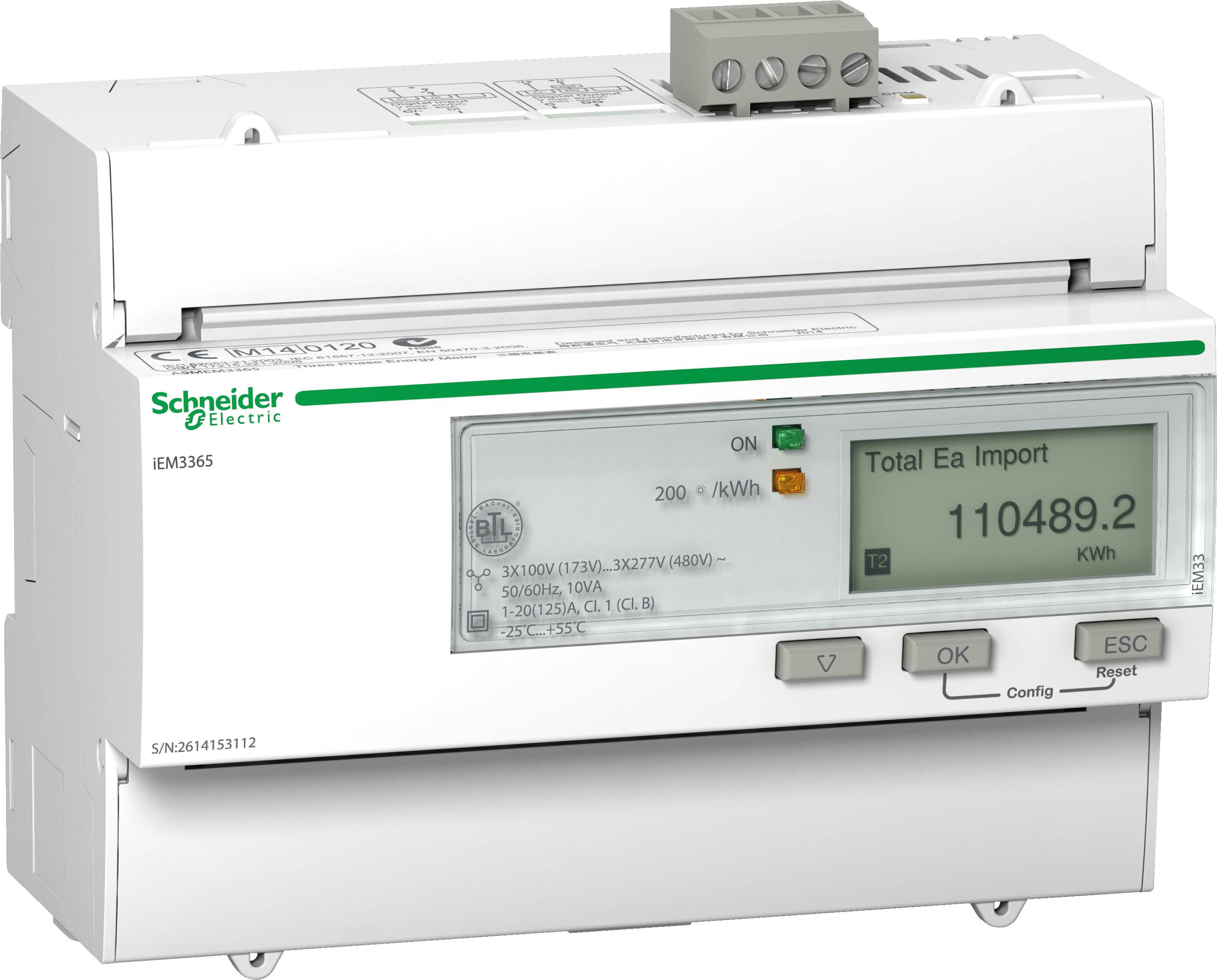 Ein Energiezähler mit digitalem Display von Schneider Electric zeigt 'Total Ea Import 110489.2 kWh'.