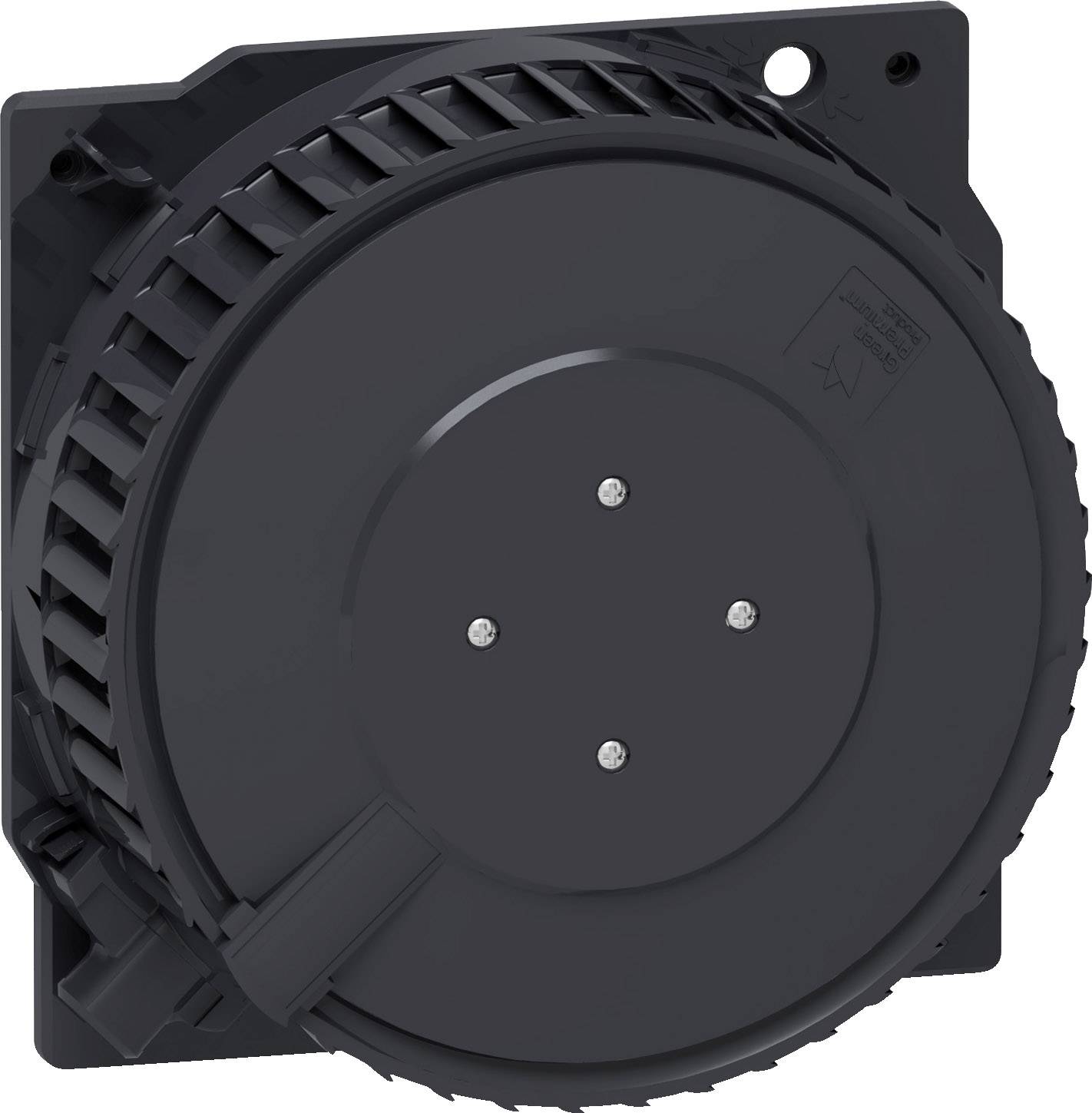 Ein schwarzes, rundes technisches Gerät mit Schrauben auf der Oberfläche, möglicherweise ein Lüfter oder Ventilator in einem Gehäuse.