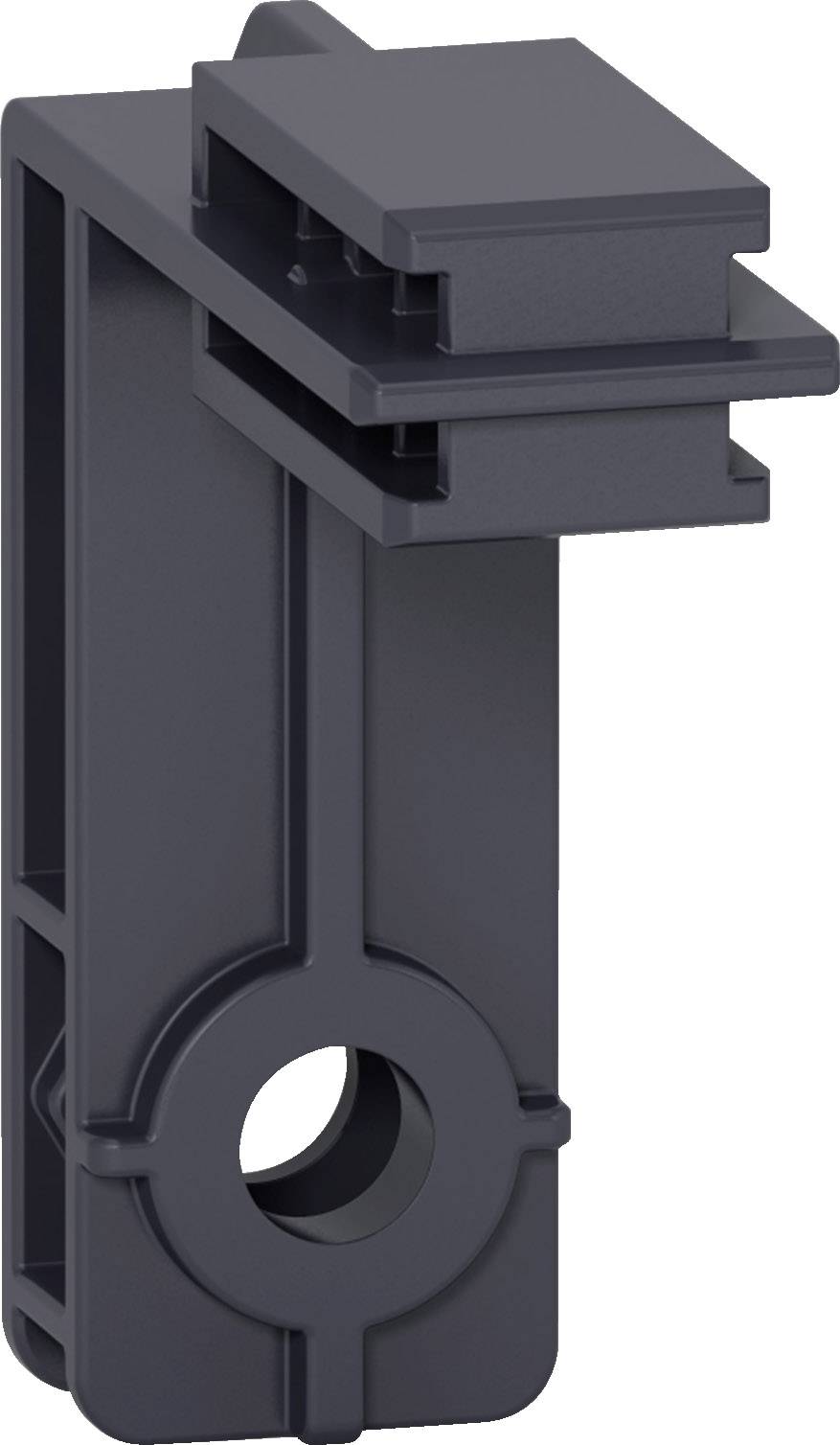 Schwarzes Kunststoffbauteil, lang und rechteckig, mit einer Öffnung an der Unterseite und zwei rechteckigen Platten oben.