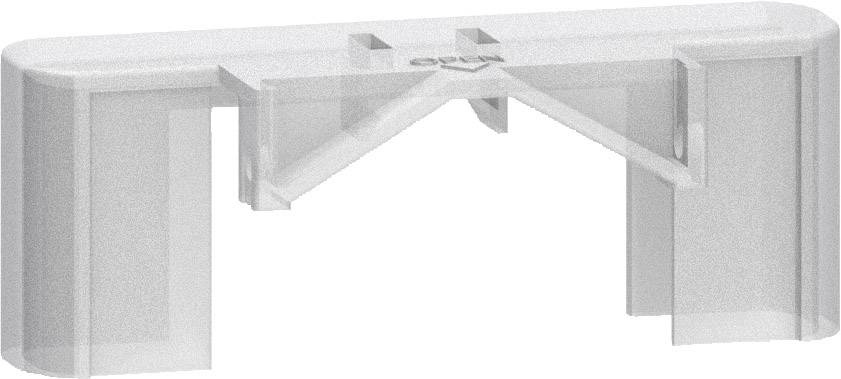 Ein transparentes, komplex geformtes Kunststoffteil mit mehreren Verlängerungen und einer zentralen Stützstruktur.