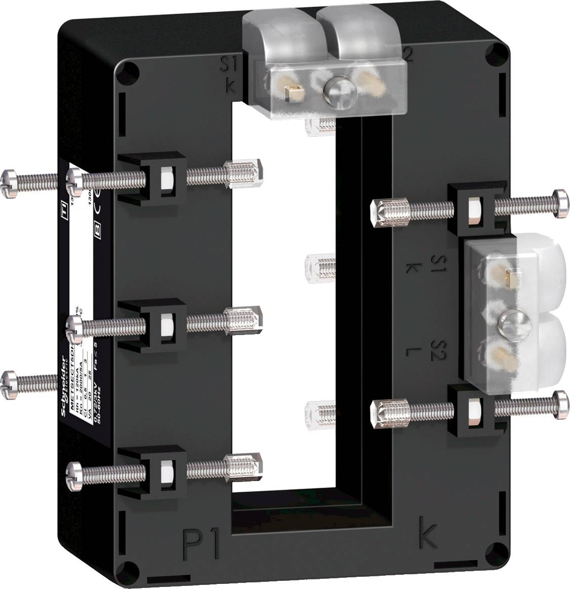 Ein rechteckiger Stromwandler mit mehreren Schraubverbindungen und zwei transparenten Anschlussklammern für elektrische Anwendungen.
