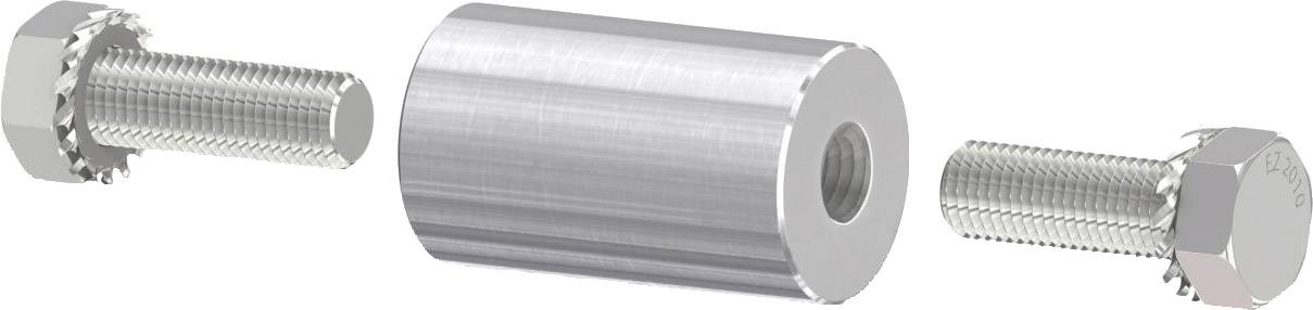 Metallverbinder bestehend aus einer zylindrischen Abstandshalterhülse, einer Gewindestange und einer Schraube.