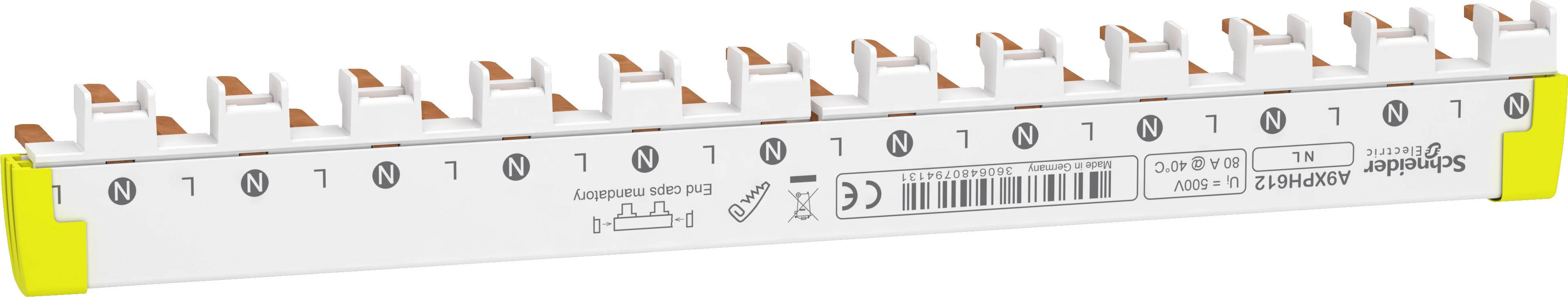 Ein Phasenschienen-Verteiler mit 12 Anschlüssen, gelb-weißer Farbe, mit Aufdruck: 'Schneider Electric', technische Details und Symbole.