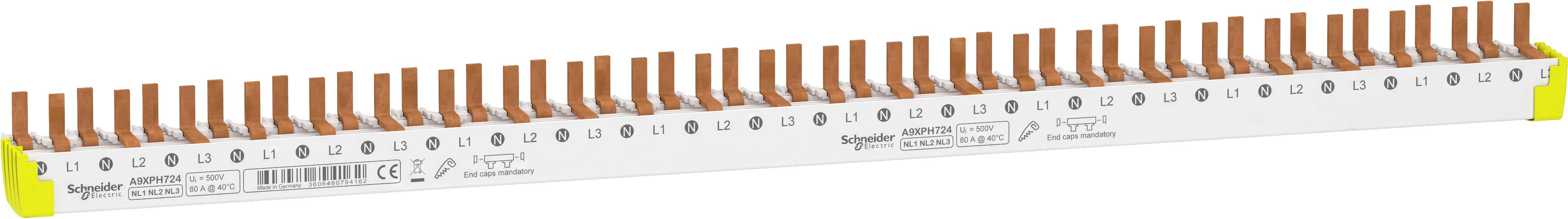 Abgebildet ist eine Kupfersammelschiene mit 57 Anschlüssen von Schneider Electric.
