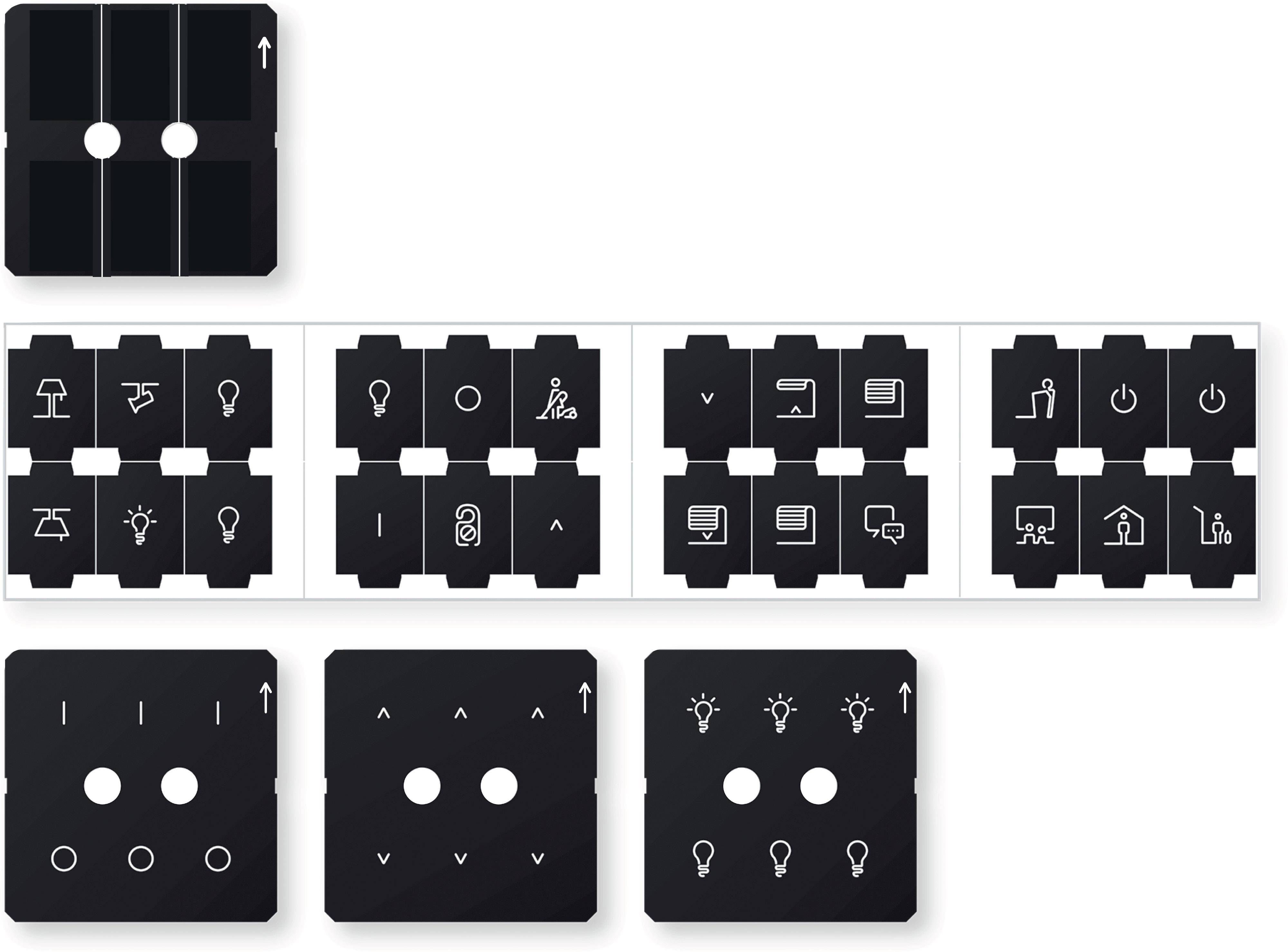 Schwarze Schalter mit Symbolen für Licht, Heizung, Jalousien und Geräte. Sie zeigen Funktionen zur Steuerung von Hausautomation.