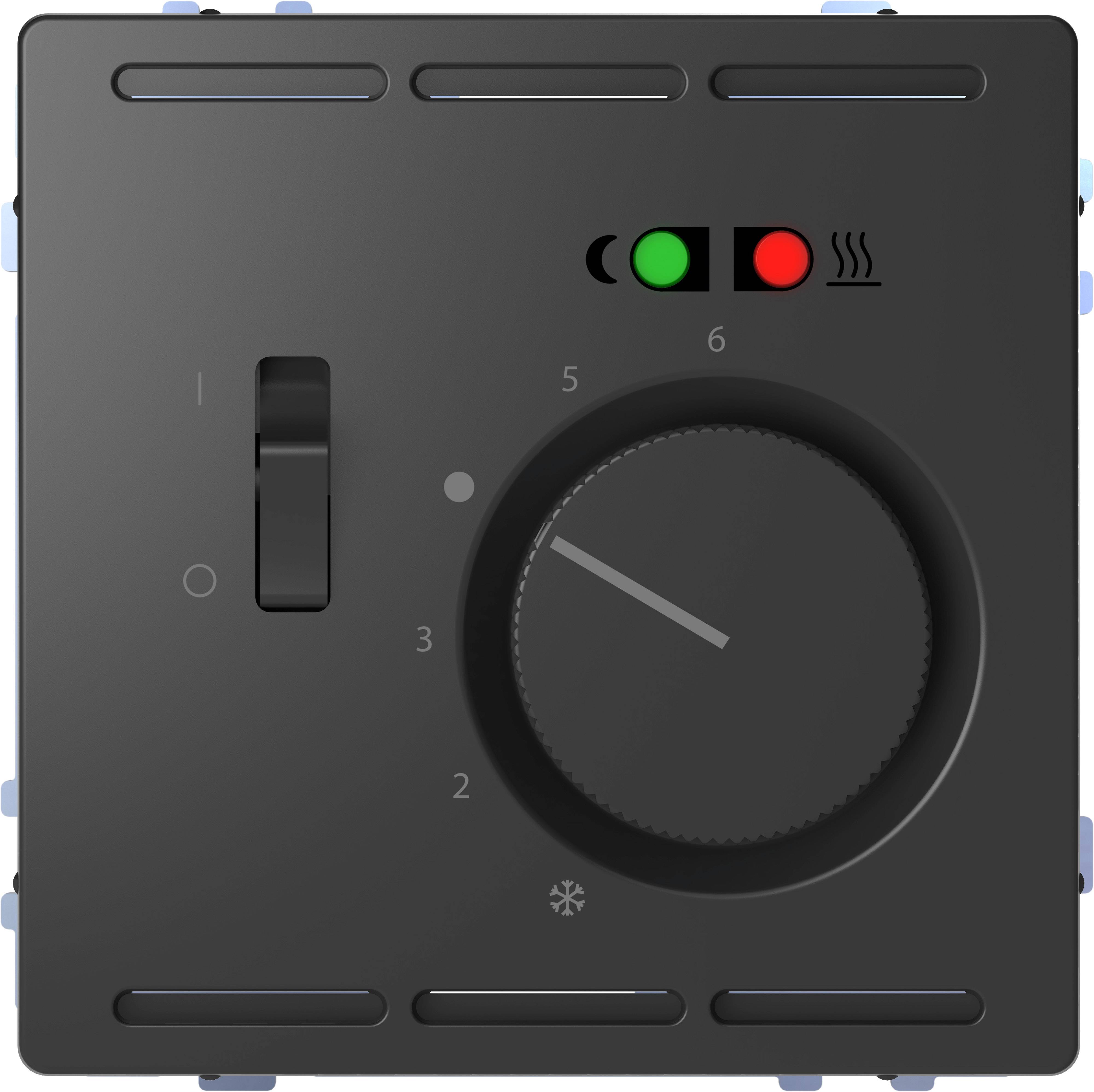 Schwarze Schalterplatte mit Drehregler von 1 bis 6. Ein/Aus-Schieber links, Symbole für Licht, Heizung und Kühlschrank oben.