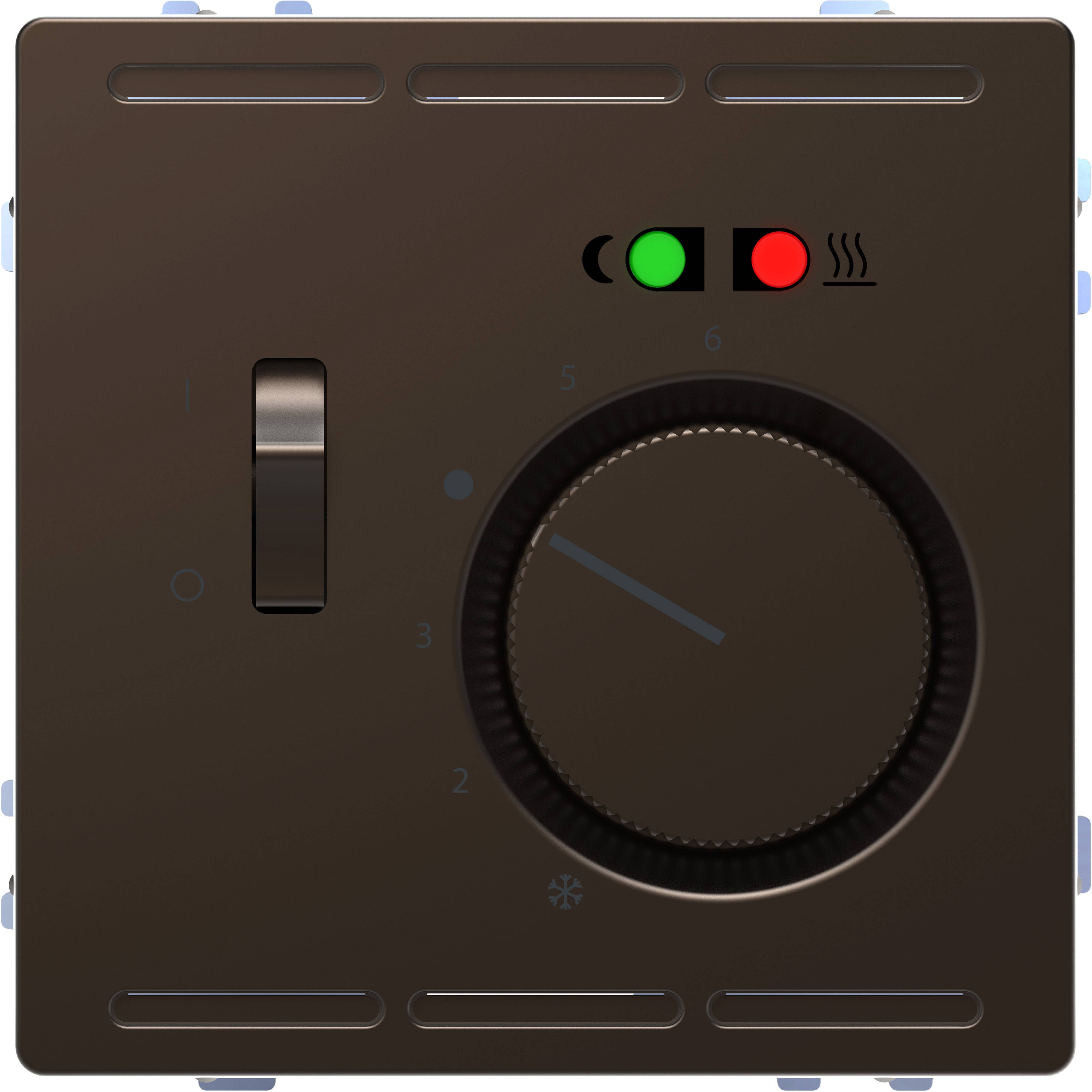 Ein Temperaturregler mit einem Drehknopf, der von 0 bis 6 markiert ist. Oben sind Symbole für Heizen und Kühlen mit LEDs.