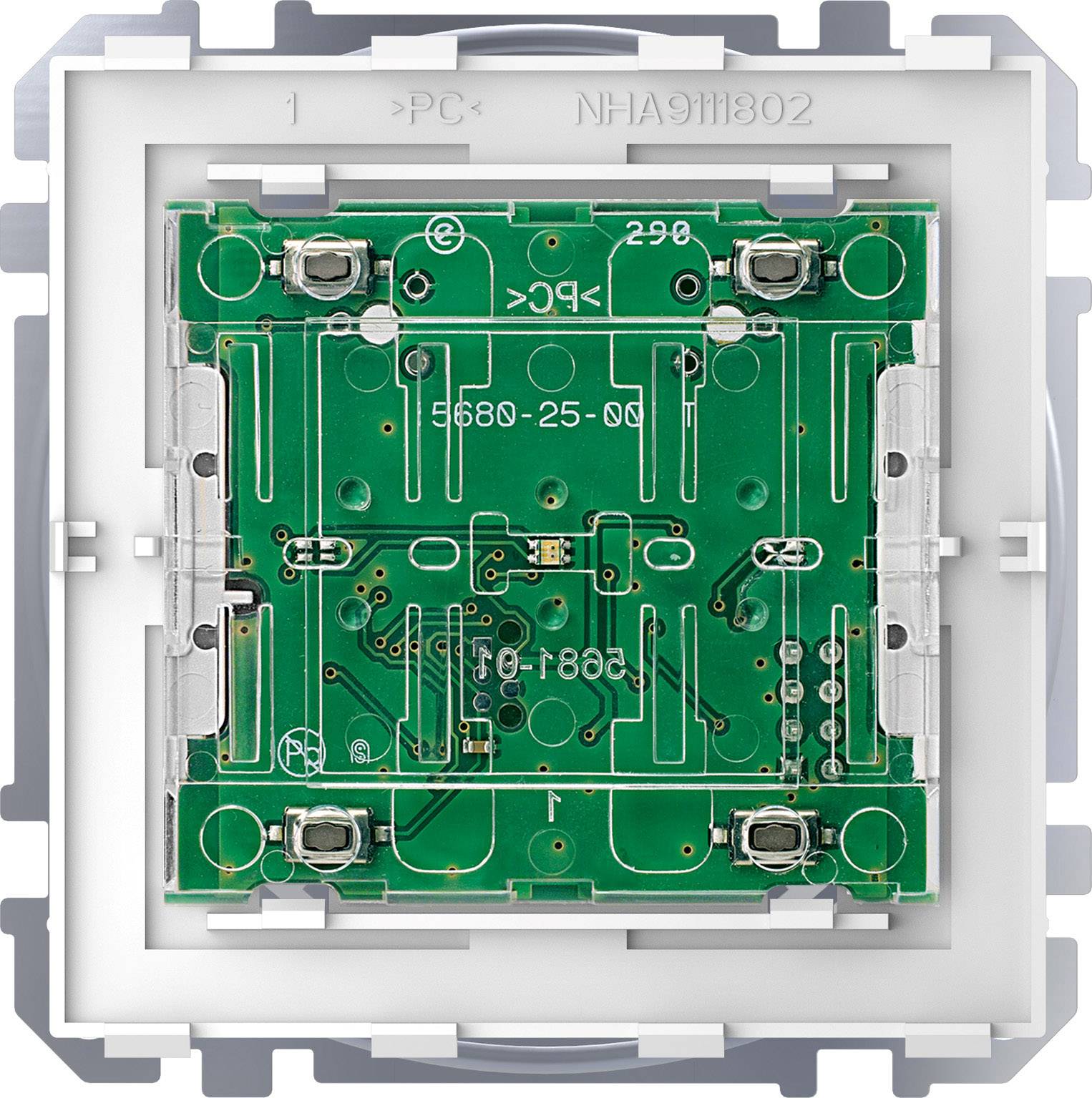 Ein grünes elektrisches Schaltkreis-Modul in einem weißen Rahmen, verwendet zur Steuerung elektrischer Geräte in Gebäuden.