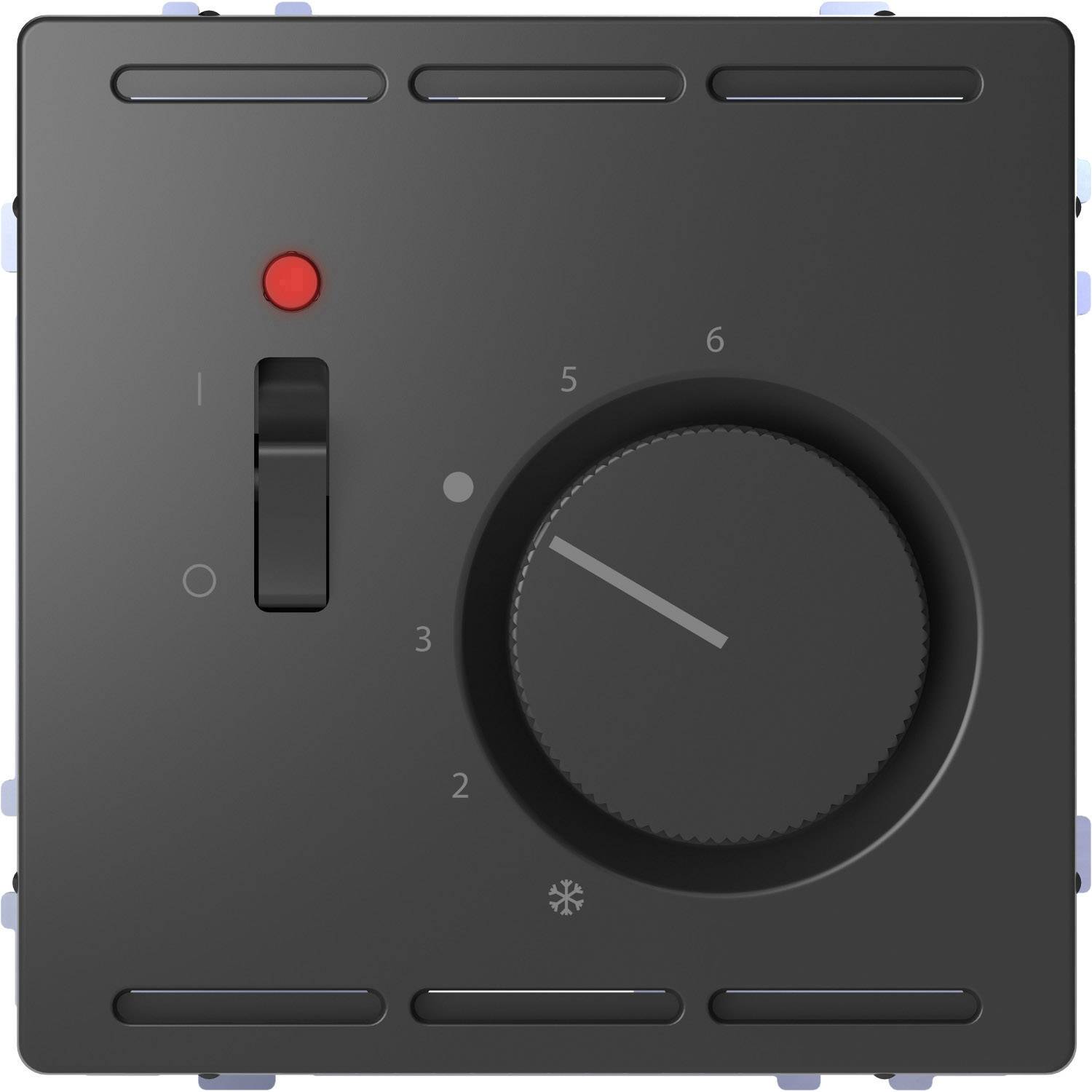 Ein schwarzer Drehknopf mit Nummerierung von 1 bis 6 und einem Hebel mit rotem Punkt. Benutzeroberfläche für Temperaturregelung.