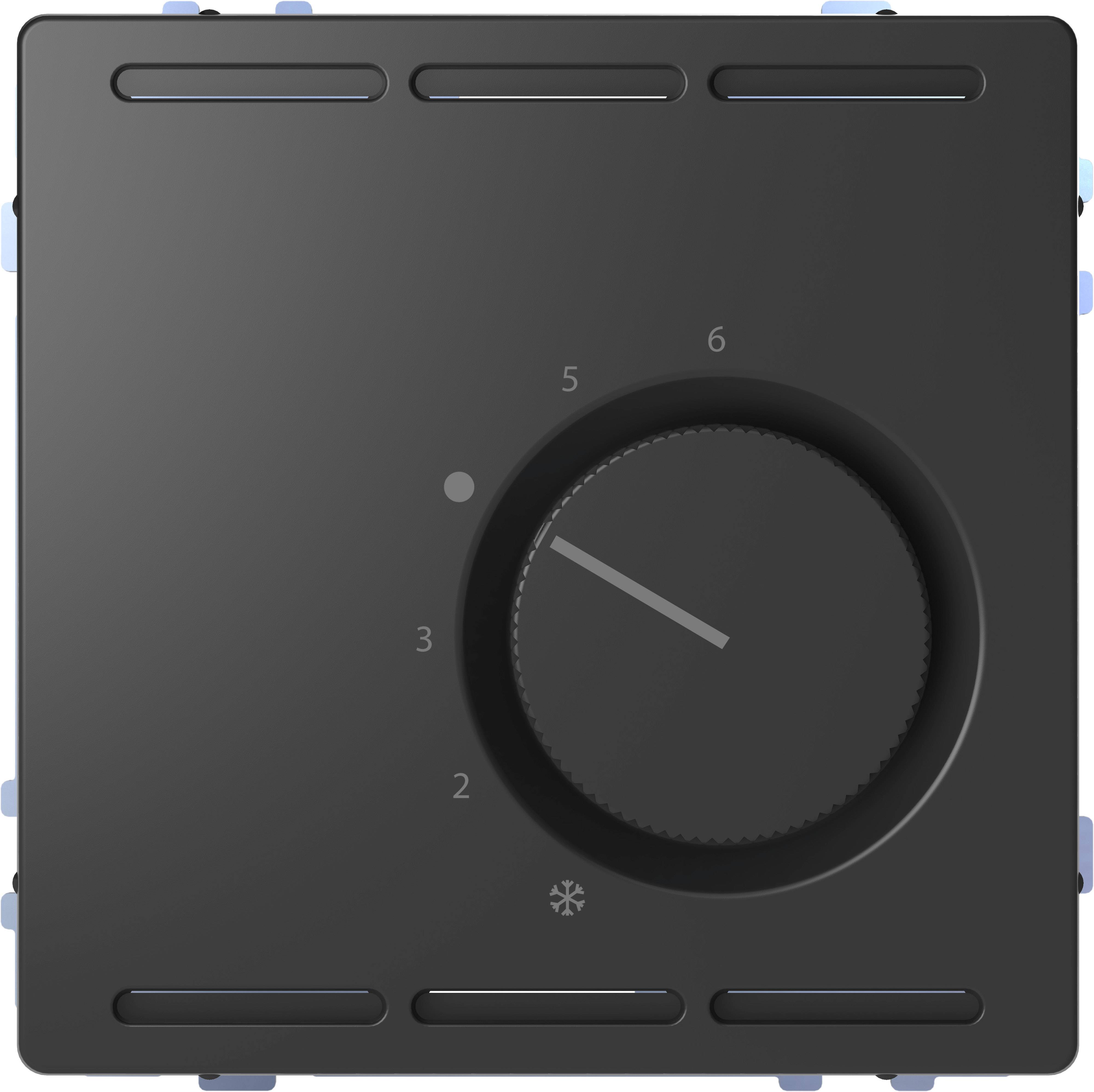 Schwarzer Drehregler mit Skala von 1 bis 6, markiert bei 4, umgeben von Lüftungsschlitzen. Symbol für Kühlung unten.