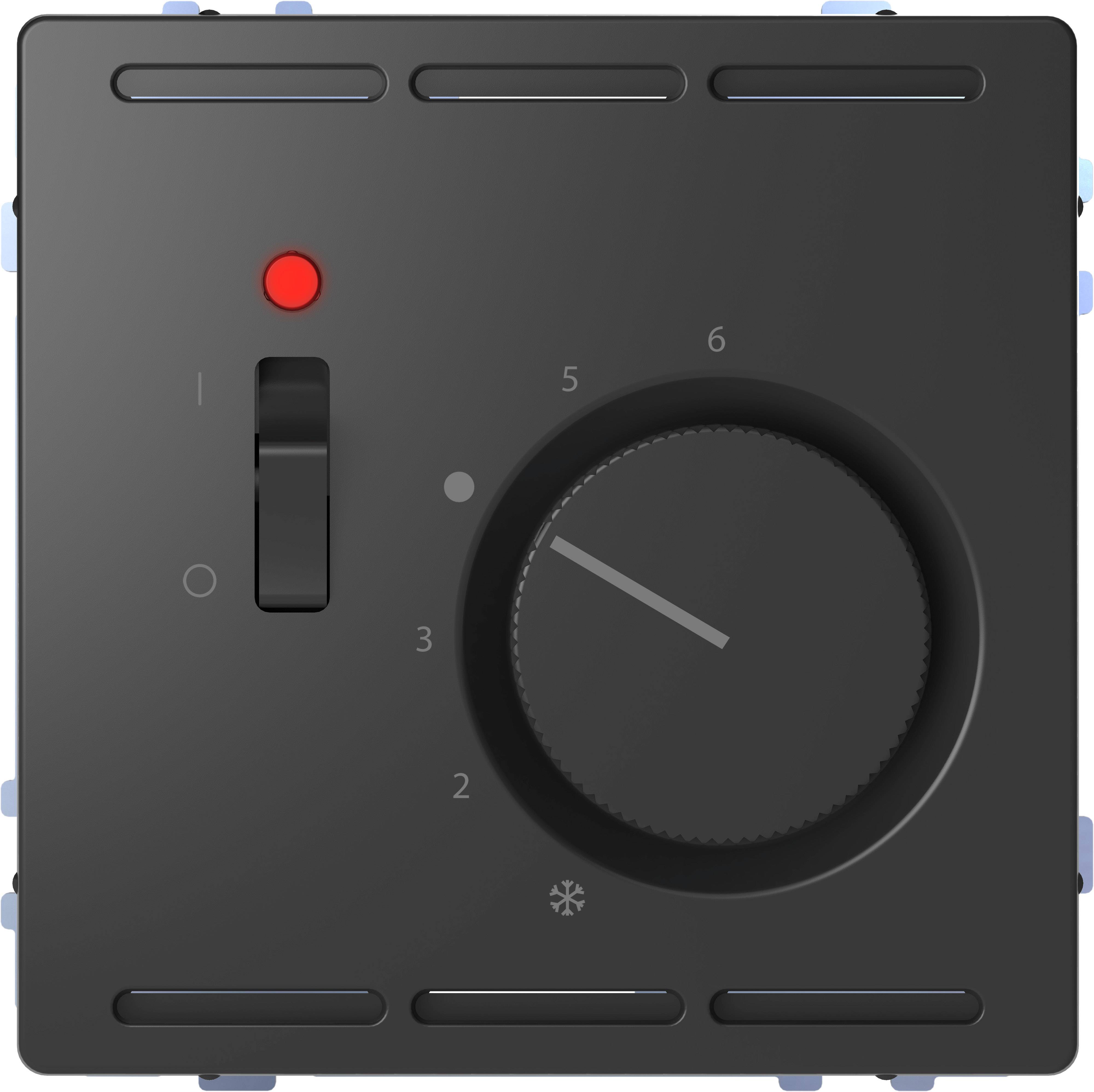 Ein schwarzes Drehregler-Panel mit einer Zahlenskala von 1 bis 6, einem roten Schalter und einem Schneeflockensymbol.