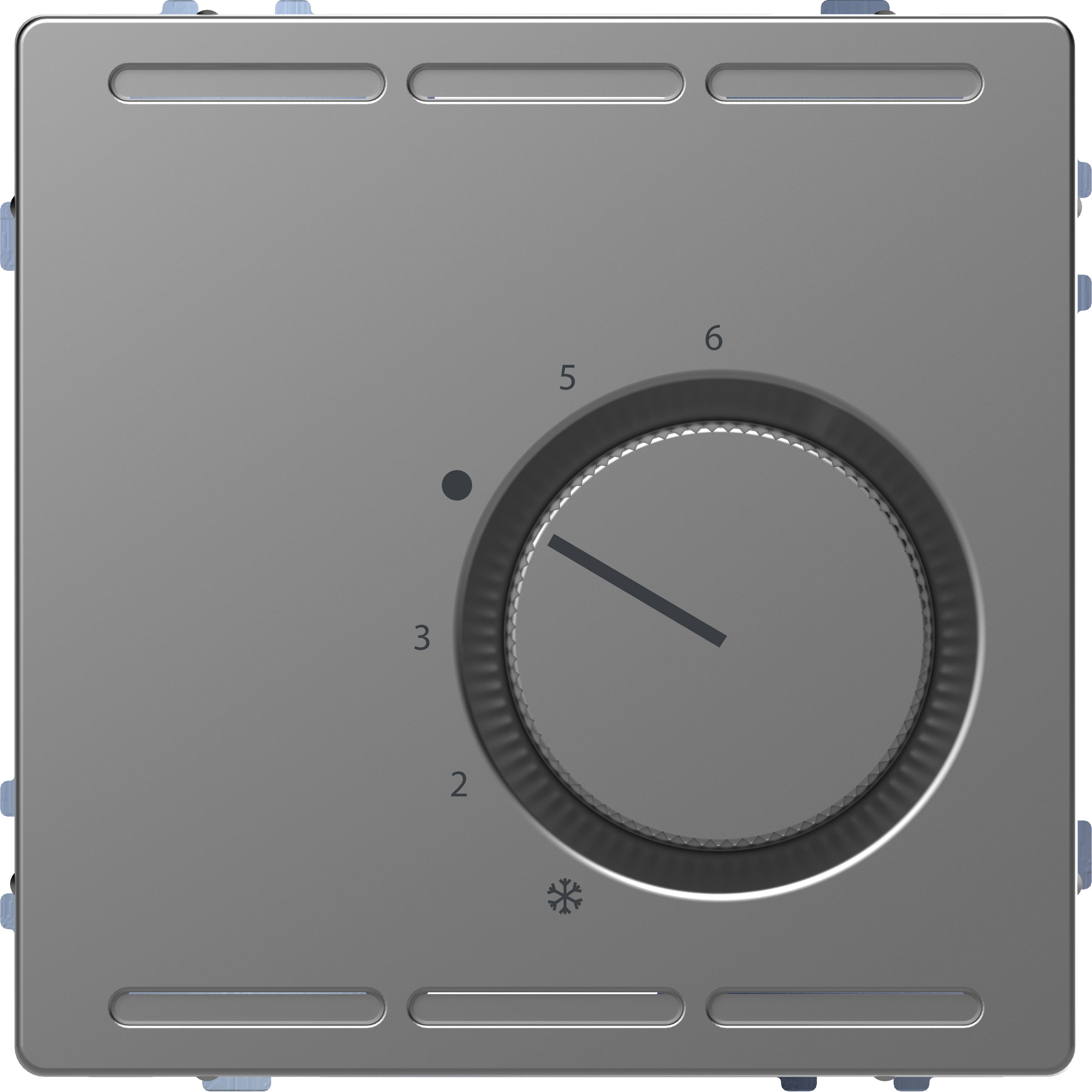 Ein moderner Thermostat mit Drehrad, markiert mit Zahlen von 1 bis 9 und einem Schneeflocken-Symbol für die niedrigste Einstellung.