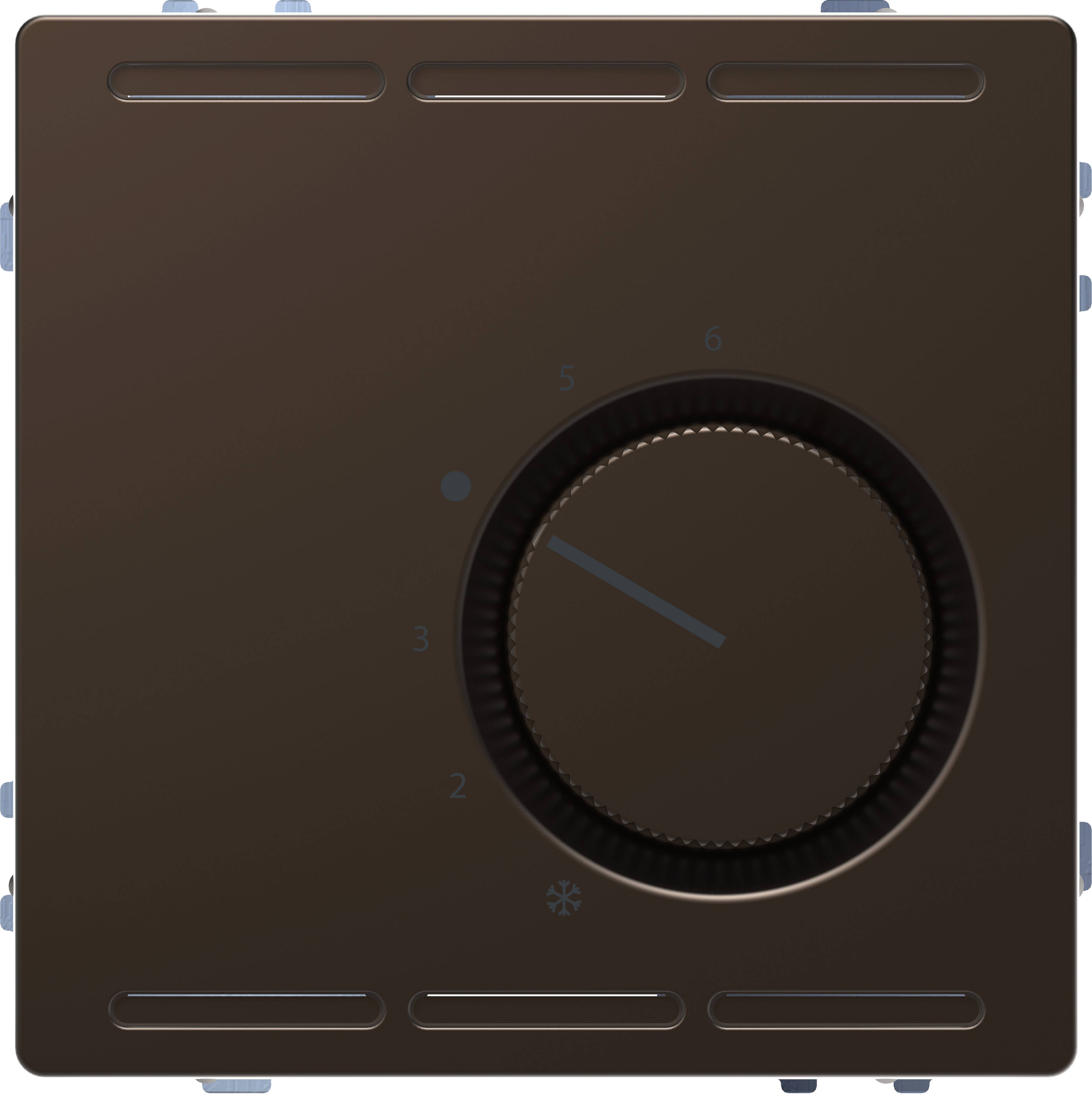 Dunkler Thermostat mit Drehknopf, numerische Skala von 1 bis 6. Zeiger steht auf 4. Steuerung der Raumtemperatur.