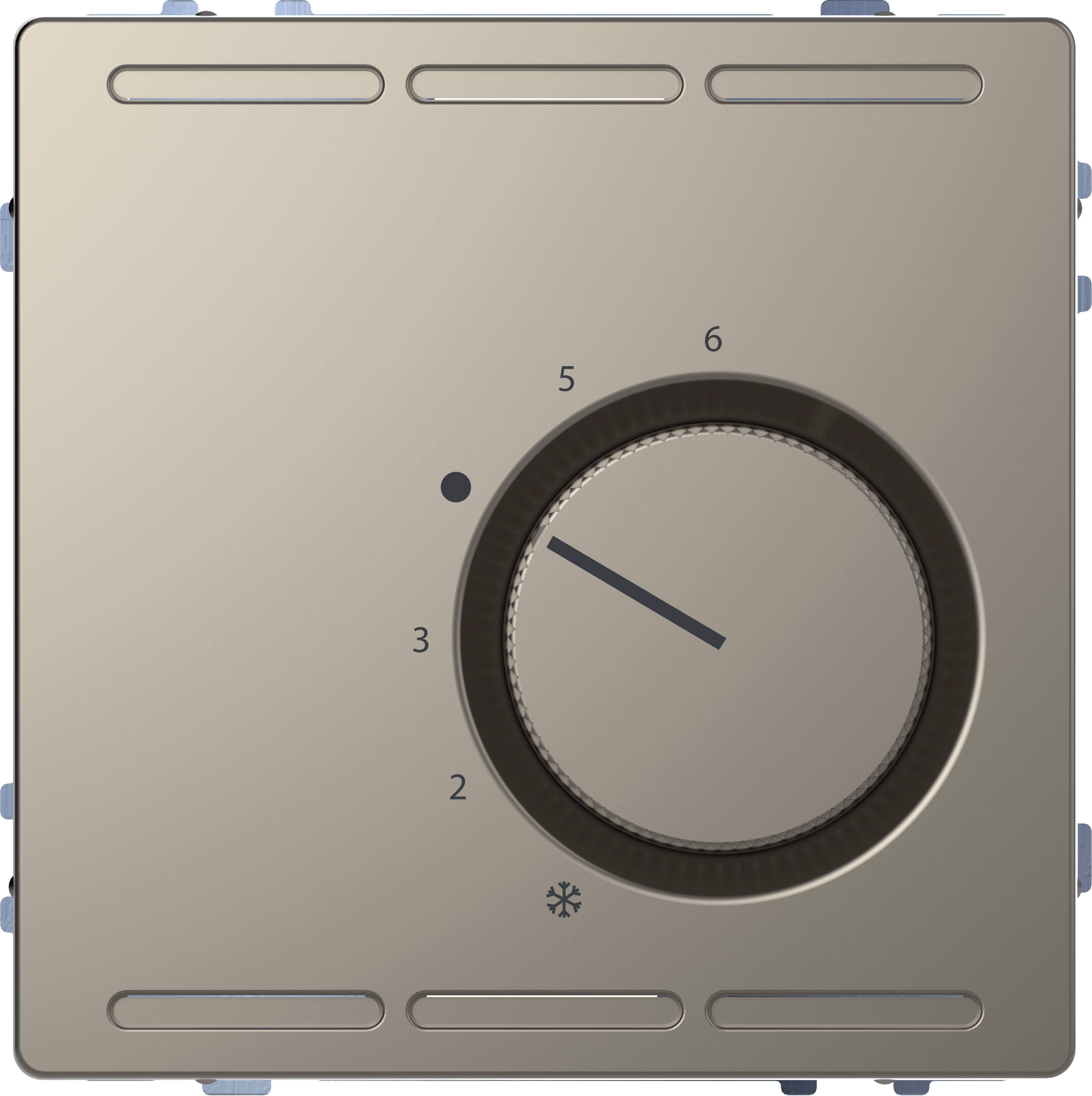 Ein Drehregler an einem Wandthermostat zeigt die Einstellung auf Stufe 6 an, mit einer Schneeflocke, die Kälte symbolisiert.