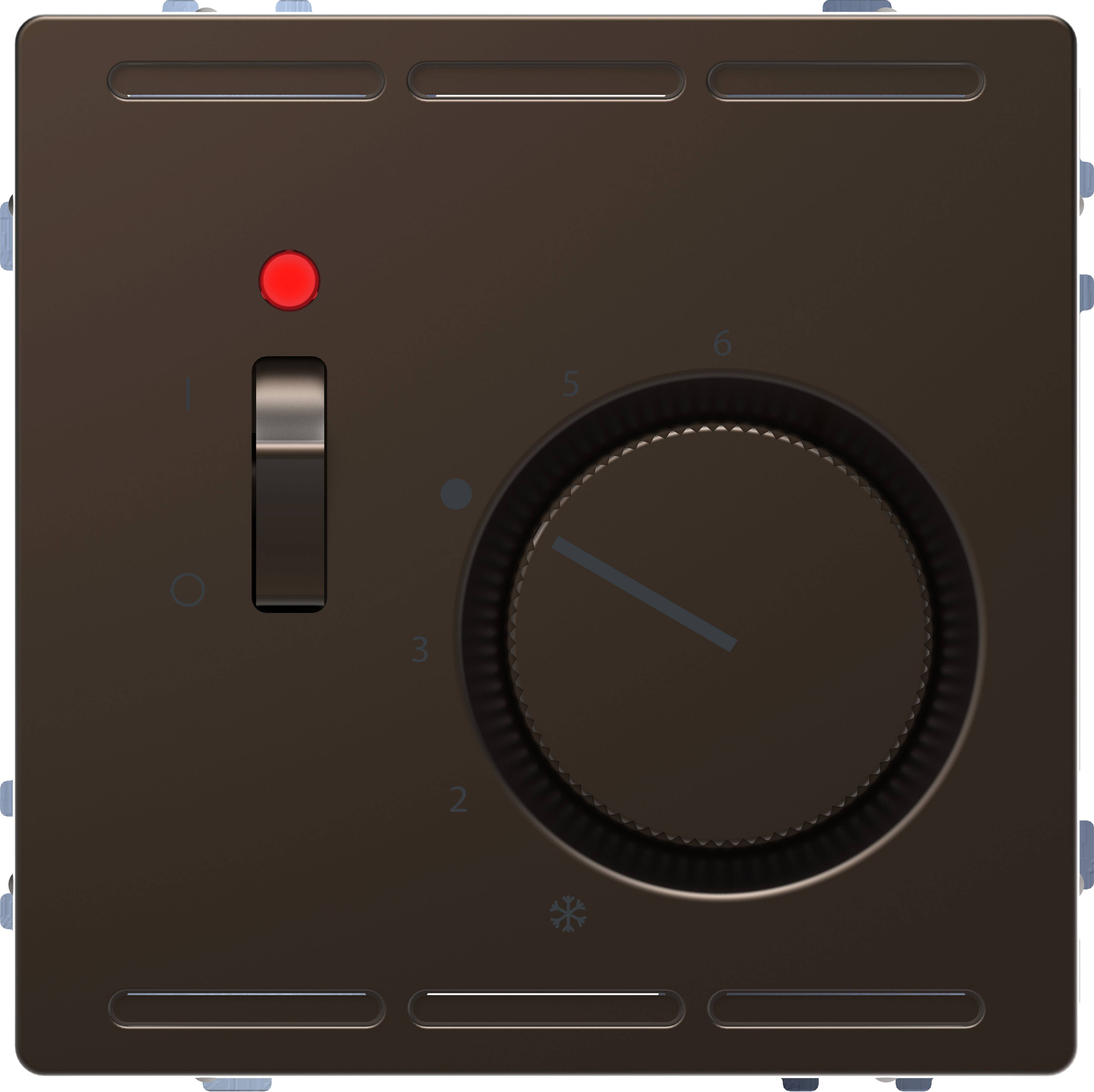 Schwarzer Drehregler mit roter Kontrollleuchte. Links ein Schalter mit drei Positionen. Skala von 0 bis 6 mit Schneeflockensymbol.