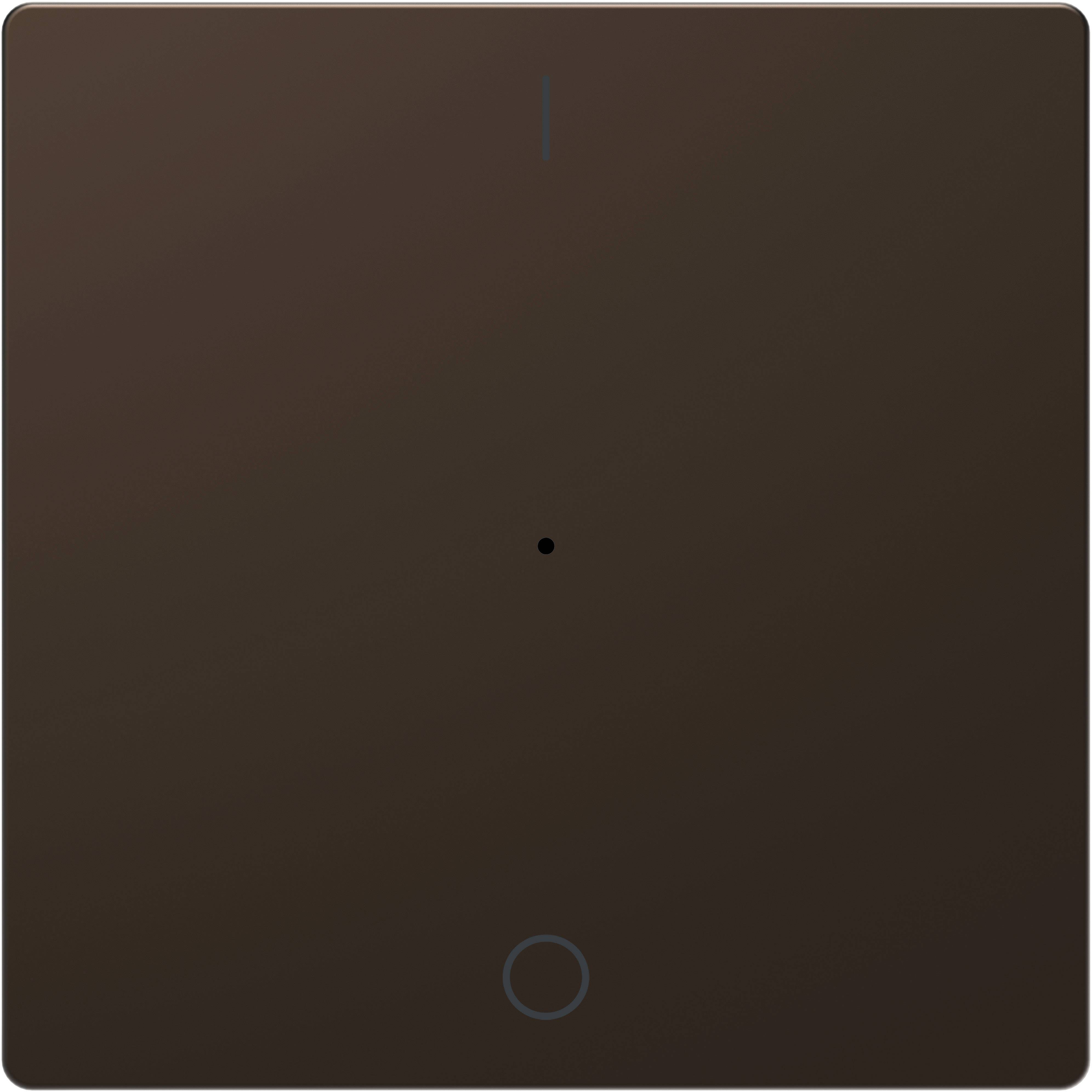 Ein quadratischer, dunkelbrauner Touch-Schalter mit einem kleinen zentralen Punkt und einem kreisförmigen Symbol unten.