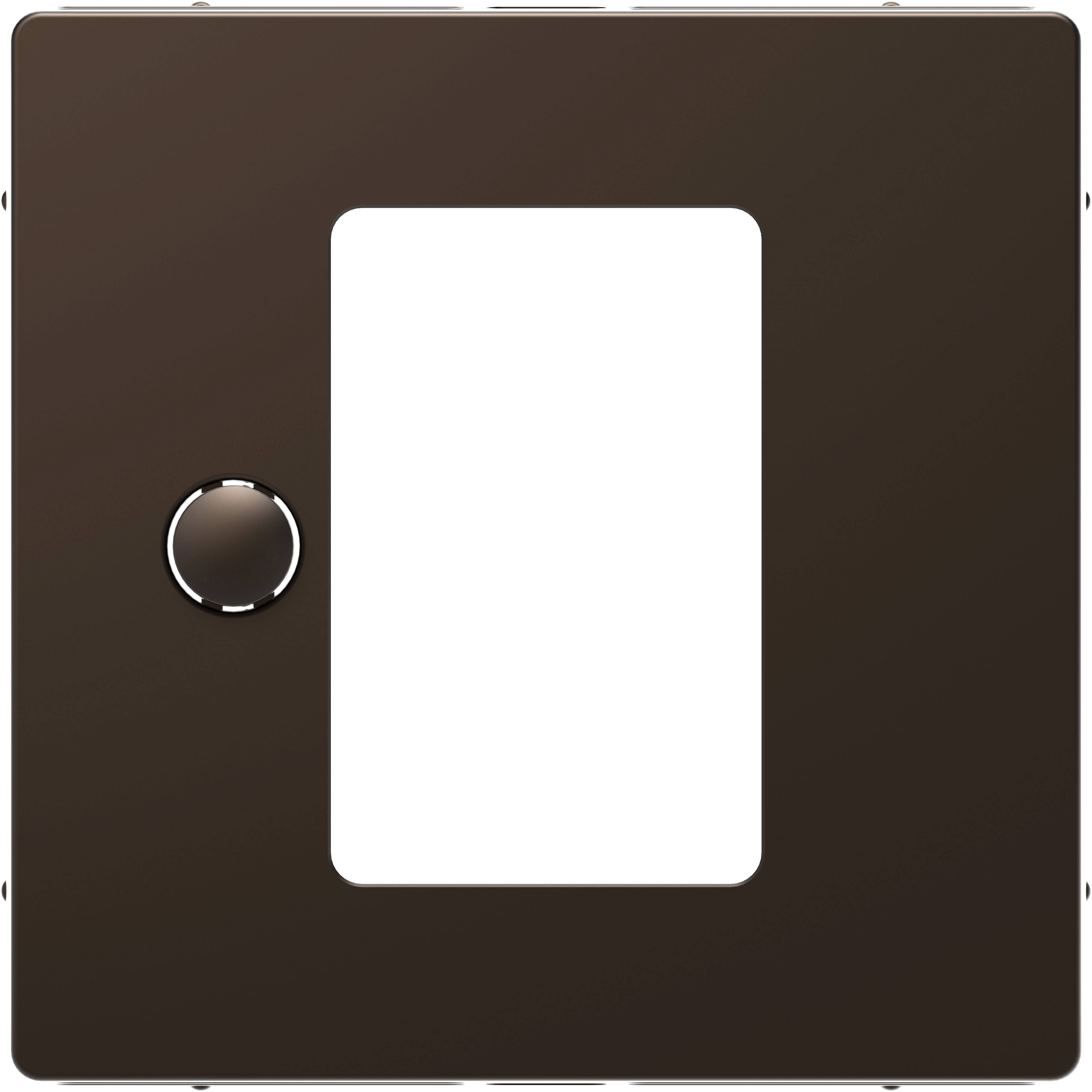 Braune Lichtschalterabdeckung mit rundem Knopf und rechteckigem Ausschnitt in der Mitte für den Schalter.