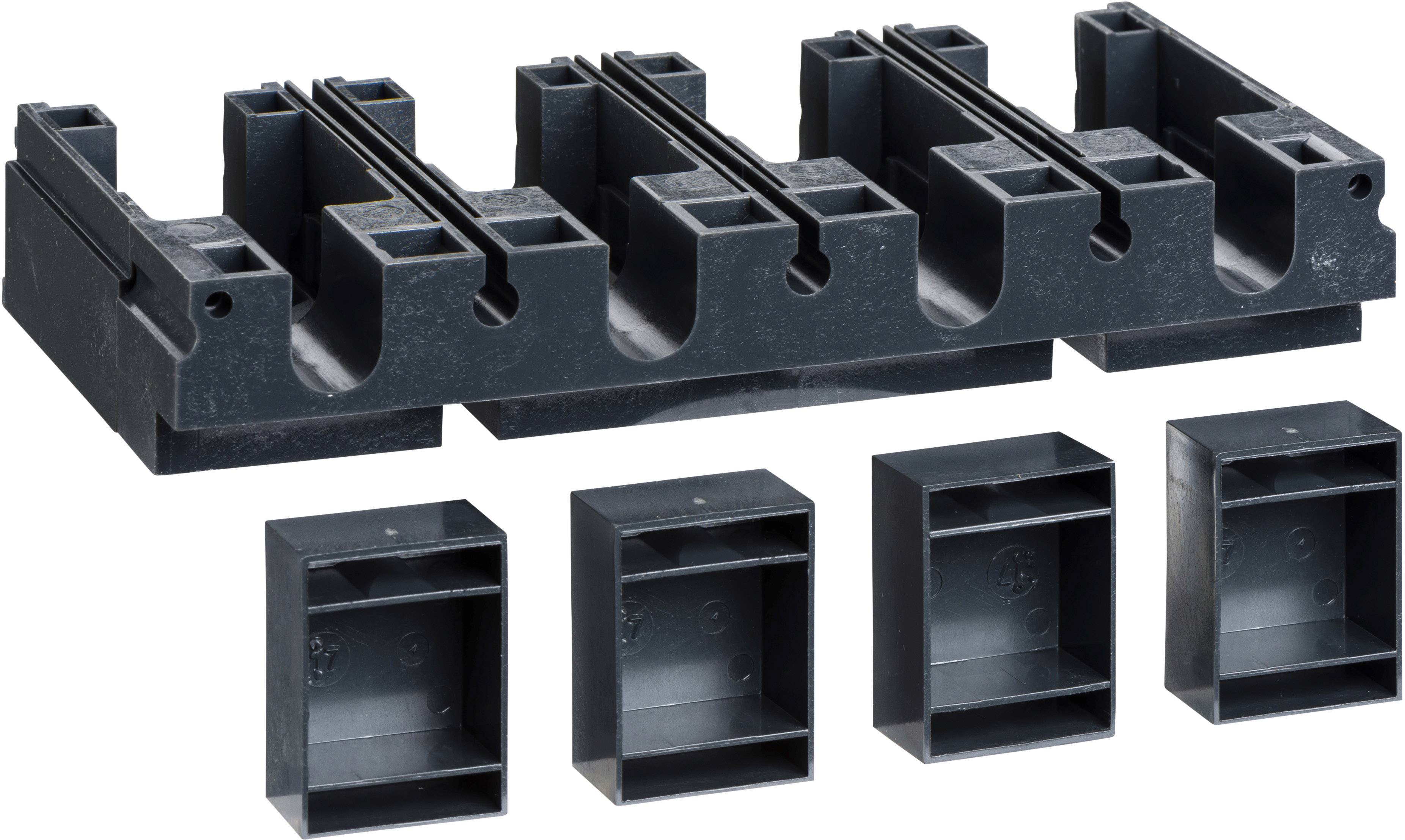 Mehrere schwarze Kunststoffhalterungen und vier schwarze Abdeckkappen, die zur Sicherung von Kabeln oder Rohren verwendet werden.