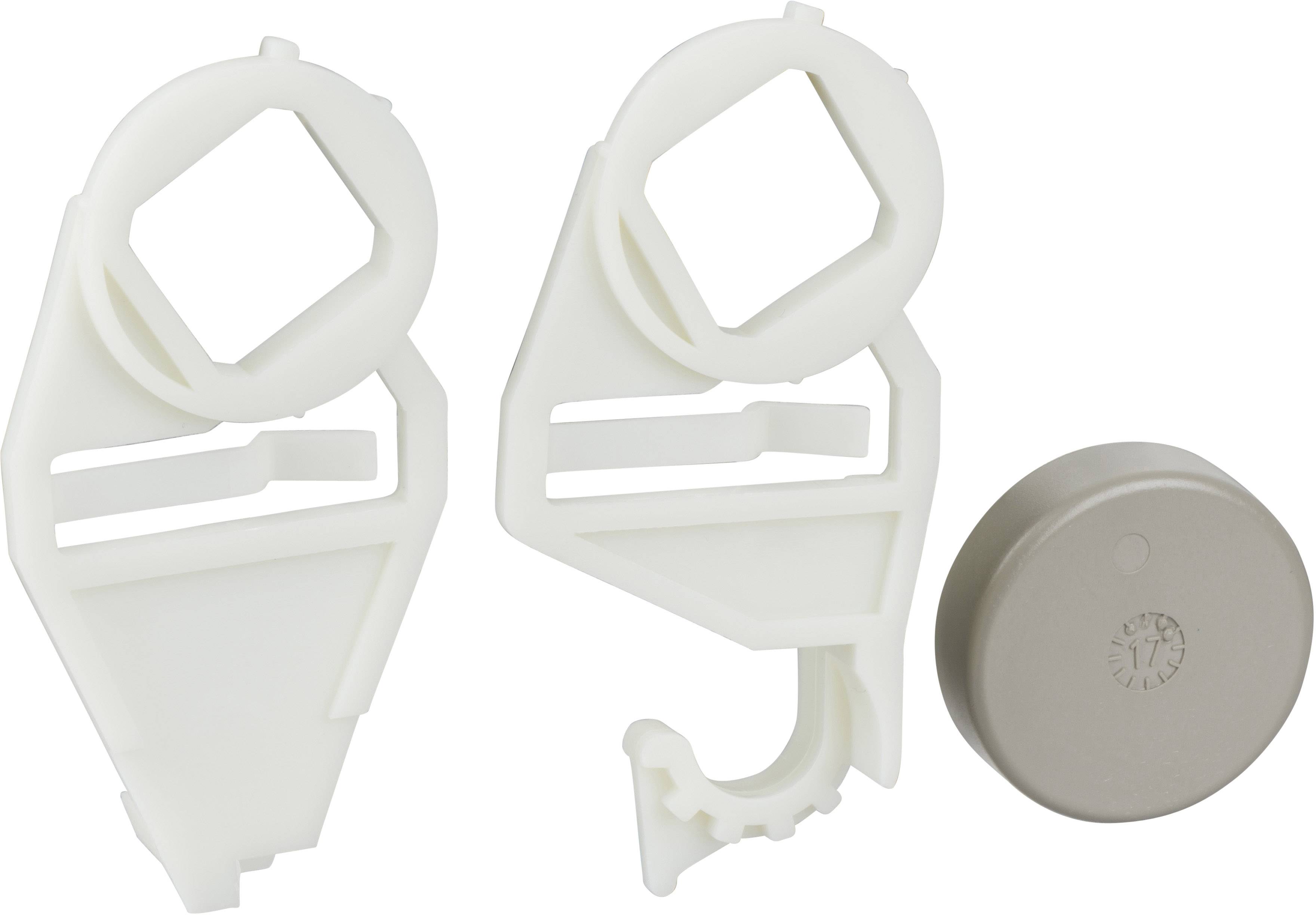 Zwei weiße, kunststoffartige Haken und eine runde, graue Kunststoffabdeckung. Formteile möglicherweise für eine technische Montage.