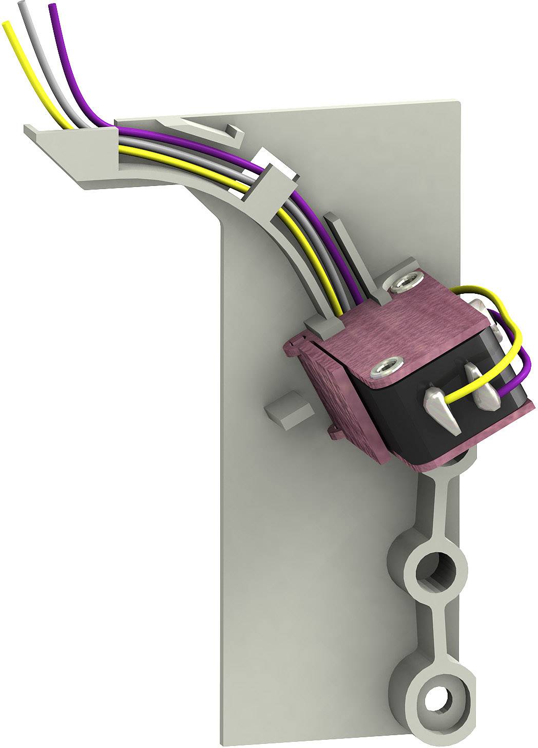 Grauer Metallträger mit violettem und schwarzem Drehschalter, an den gelbe, violette und weiße Kabel angeschlossen sind.