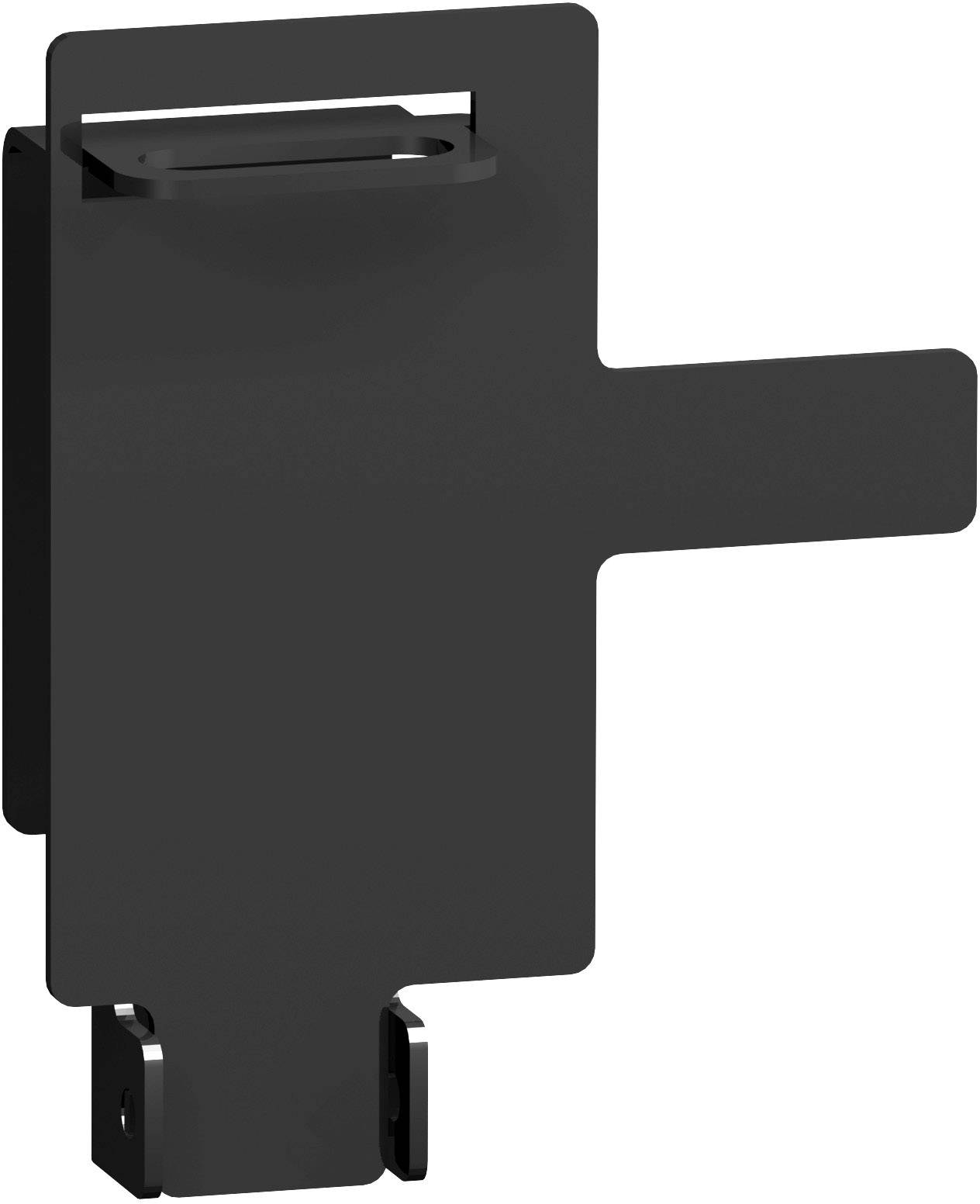Schwarze Wandhalterung aus Metall, rechteckig mit seitlicher Verlängerung, geeignet zur Befestigung von Geräten oder Zubehör.