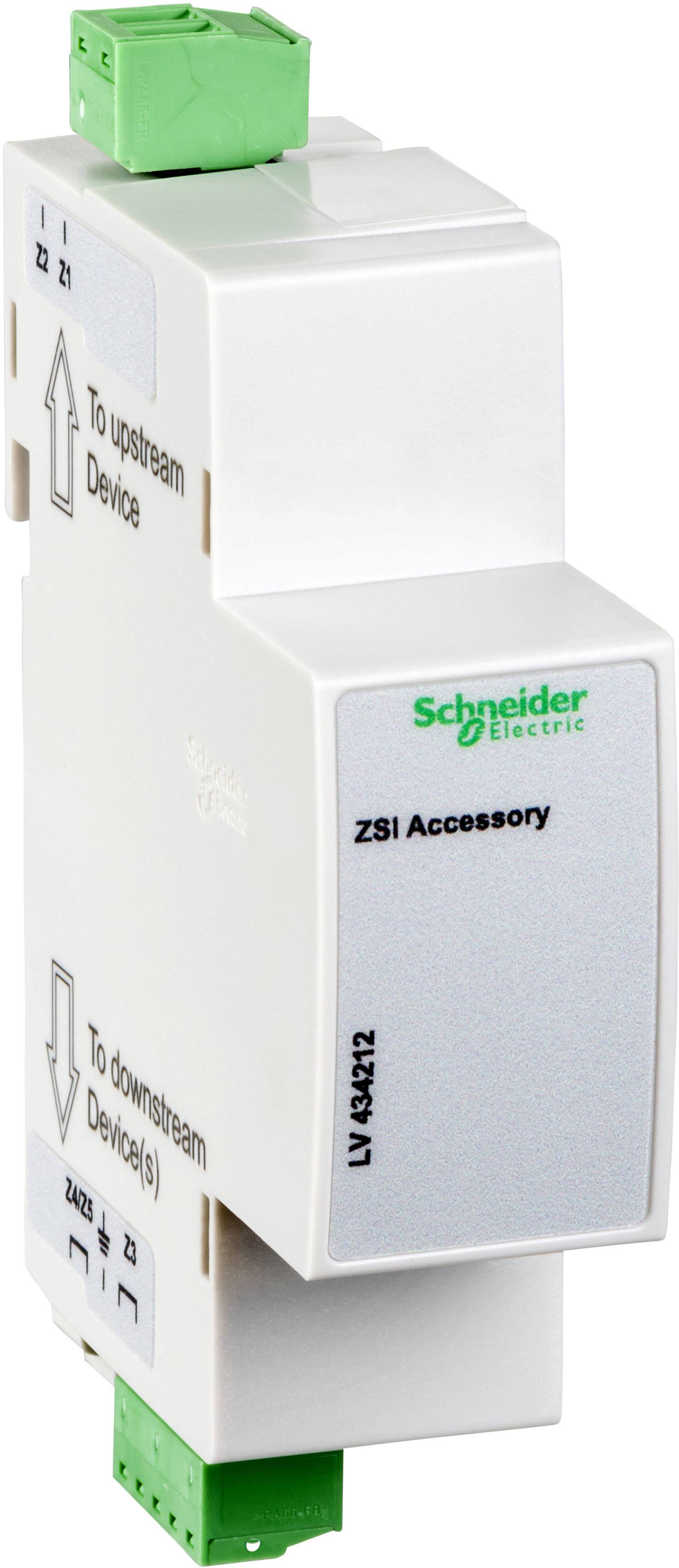 Elektrisches Zubehör von Schneider Electric mit Aufschrift 'ZSI Accessory'. Enthält Anschlüsse und Pfeile zur Geräteverkabelung.