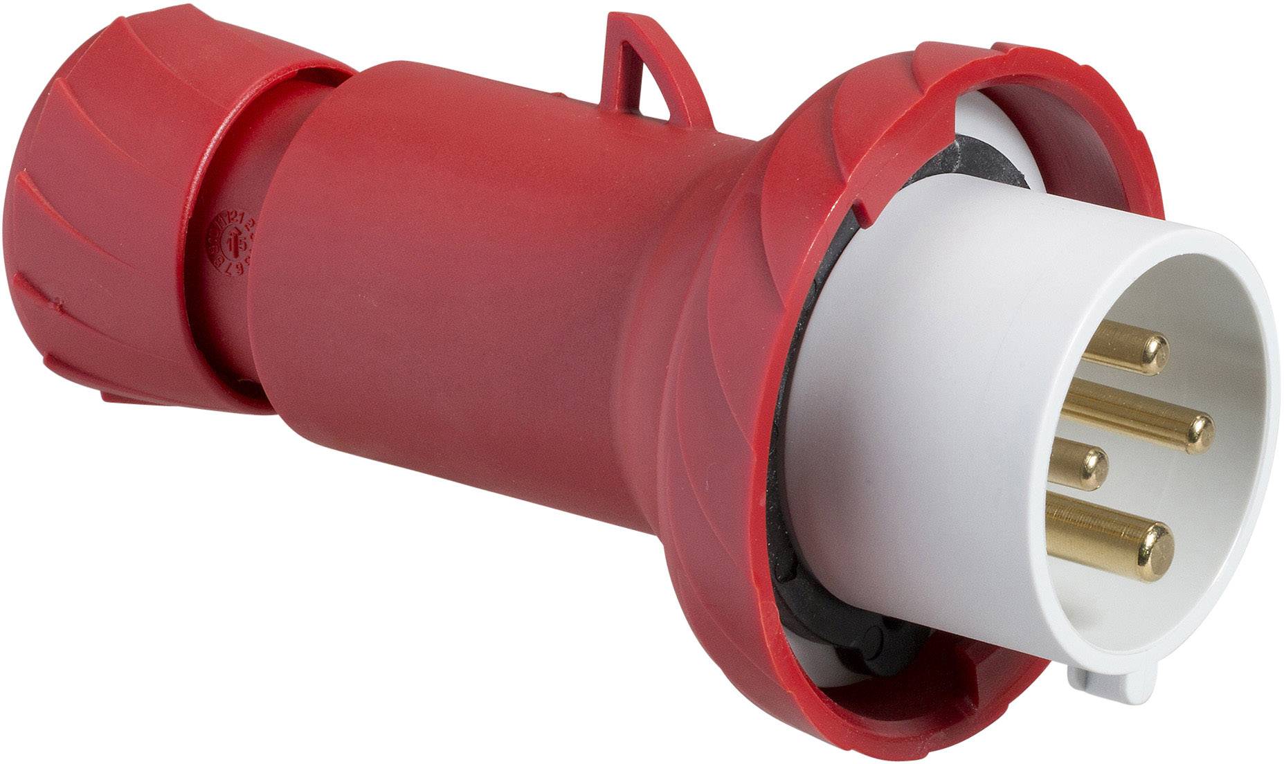 Ein roter CEE-Drehstromstecker mit drei Metallstiften, typisch für industrielle Anwendungen, auf weißem Hintergrund.