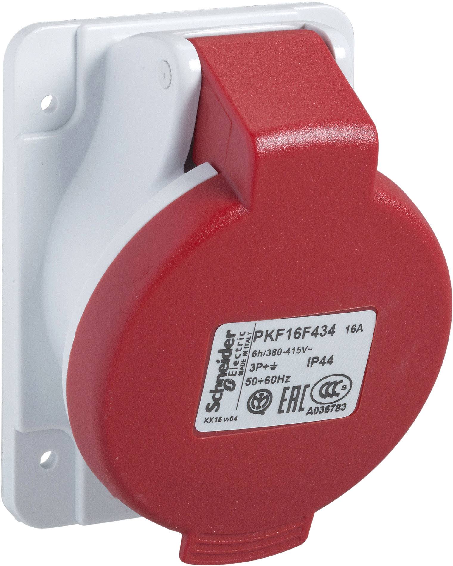 Rote Wandsteckdose von Schneider mit beschriftetem Aufkleber, geeignet für 16A und IP44 Schutzart, montiert auf weißer Platte.