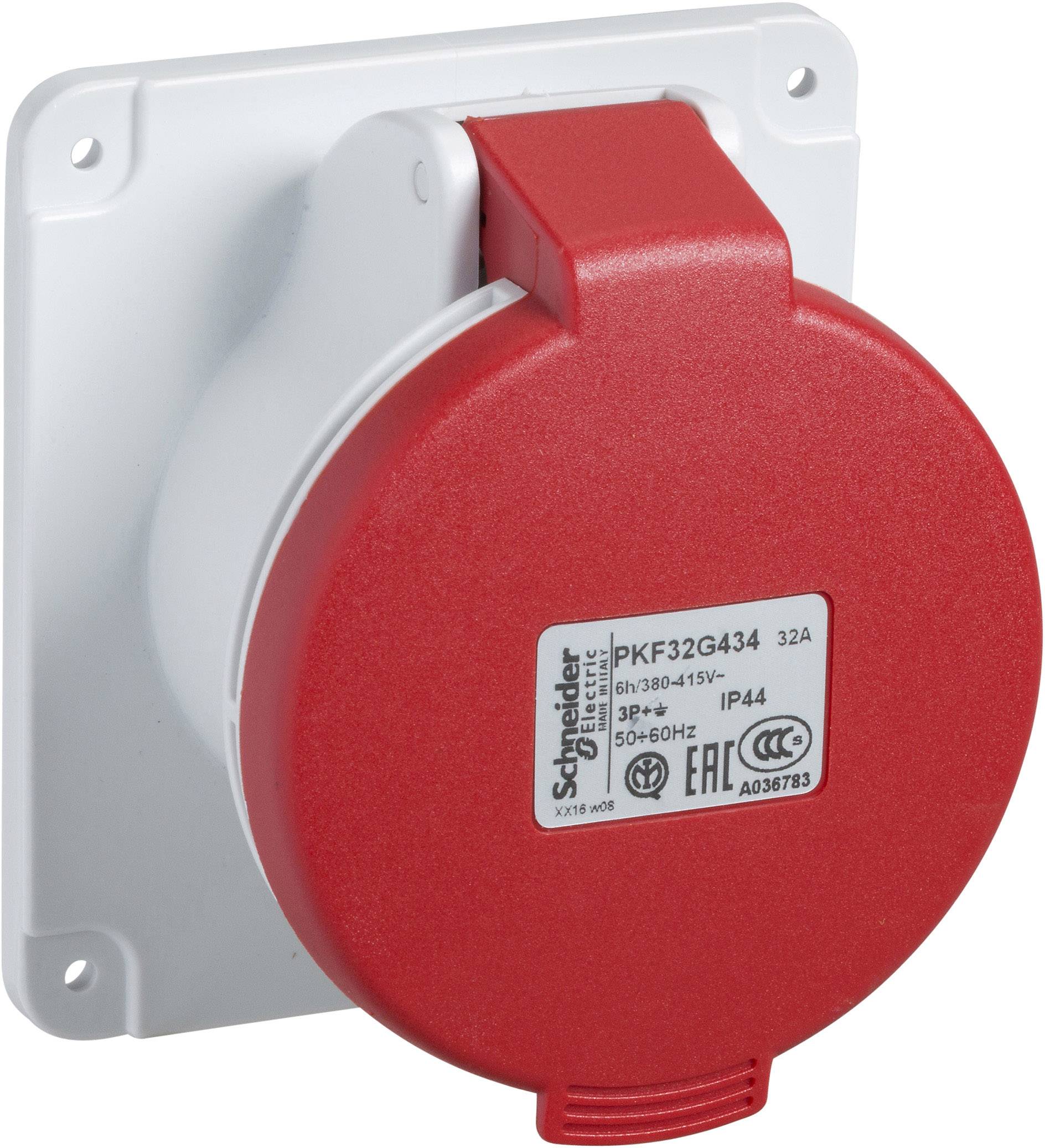Rote industrielle Steckdose an weißer Platte, geeignet für 32A, 3-polig, 380-415V, Schutzart IP44.