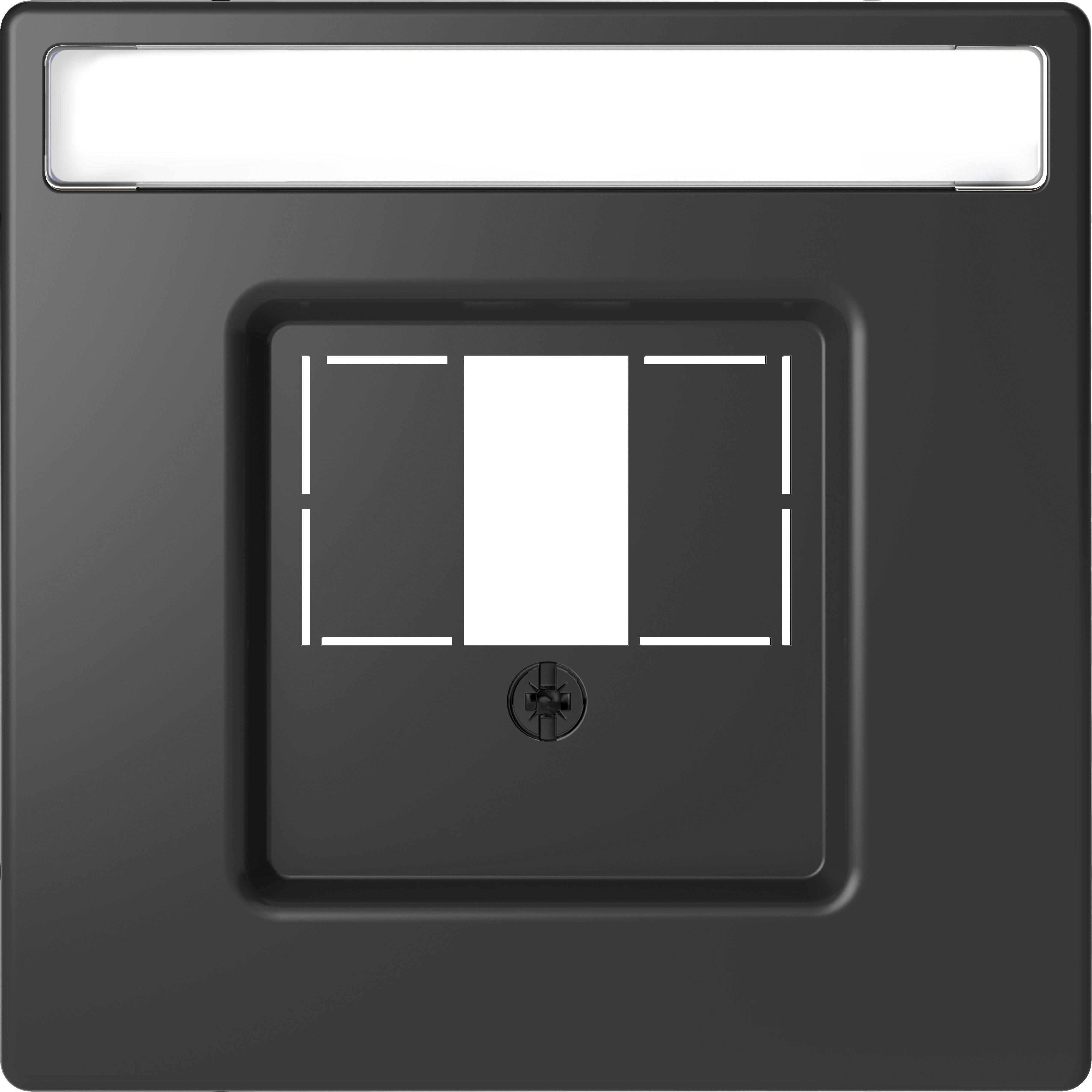 Schwarze Steckdosenabdeckung mit Platz für Schalter, rechteckiger Ausschnitt in der Mitte, oben ein horizontaler weißer Bereich.