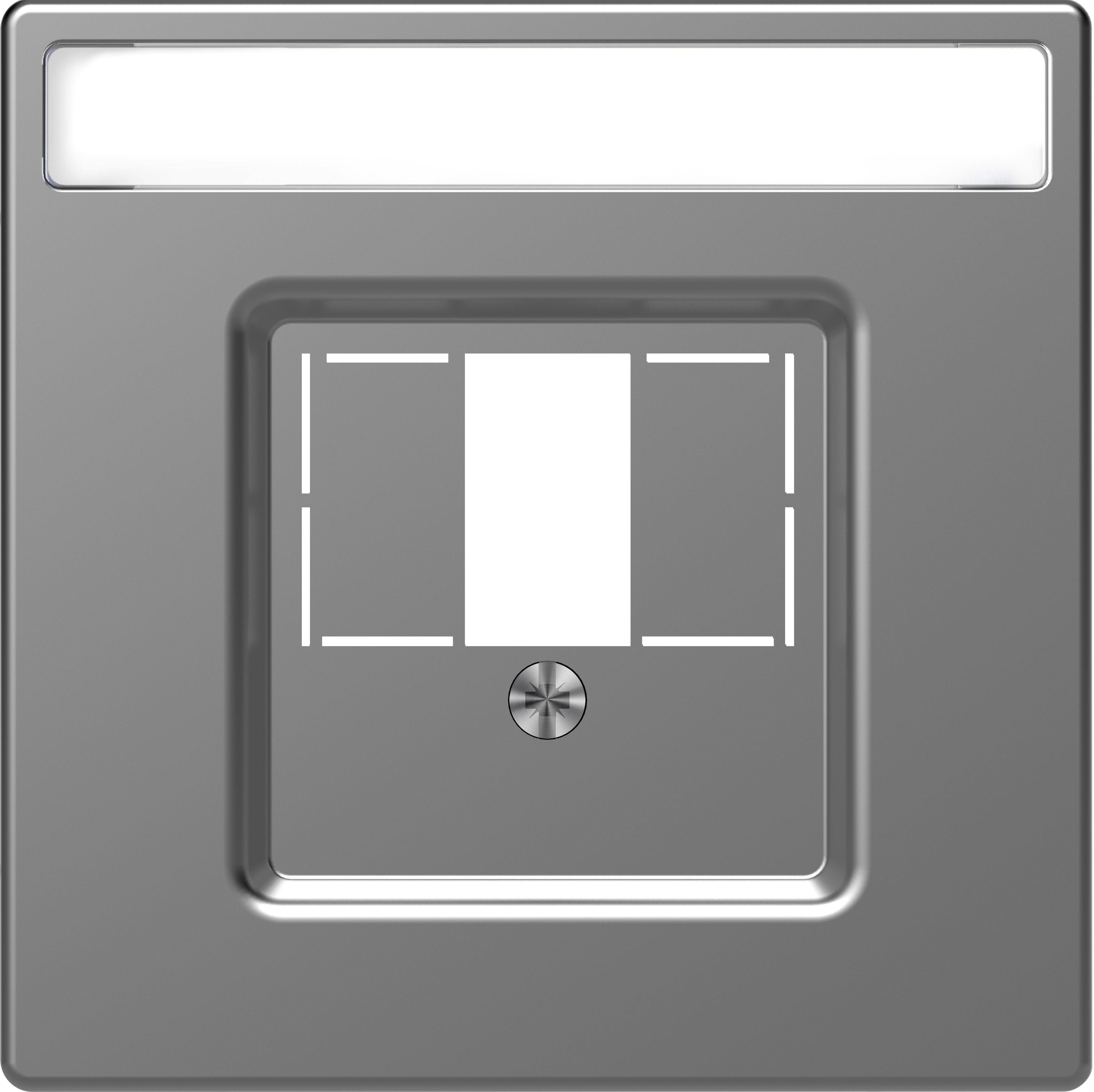 Metallschalter mit rechteckigem Bedienfeld in der Mitte, umgeben von quadratischem Gehäuse, silberfarben, schlichtes Design.