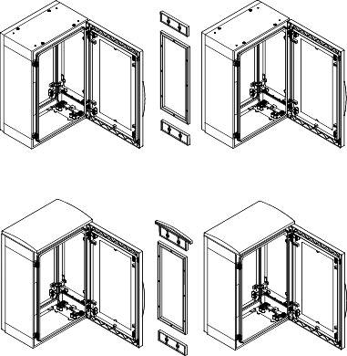 Vier schematische Zeichnungen eines Schranks mit offenem und geschlossenem Türmechanismus, verschiedene Ansichten und Teile.