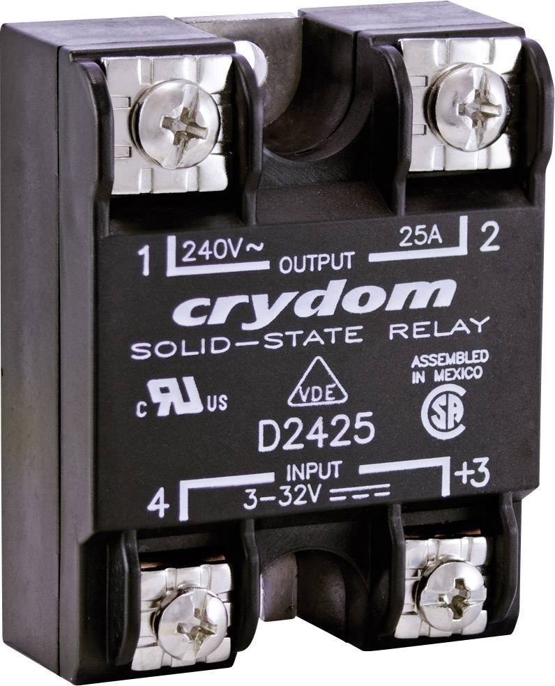 Ein schwarzes Crydom-Lastrelais mit Schraubklemmen, geeignet für 240V und 25A, zeigt Anschlüsse und technische Spezifikationen.